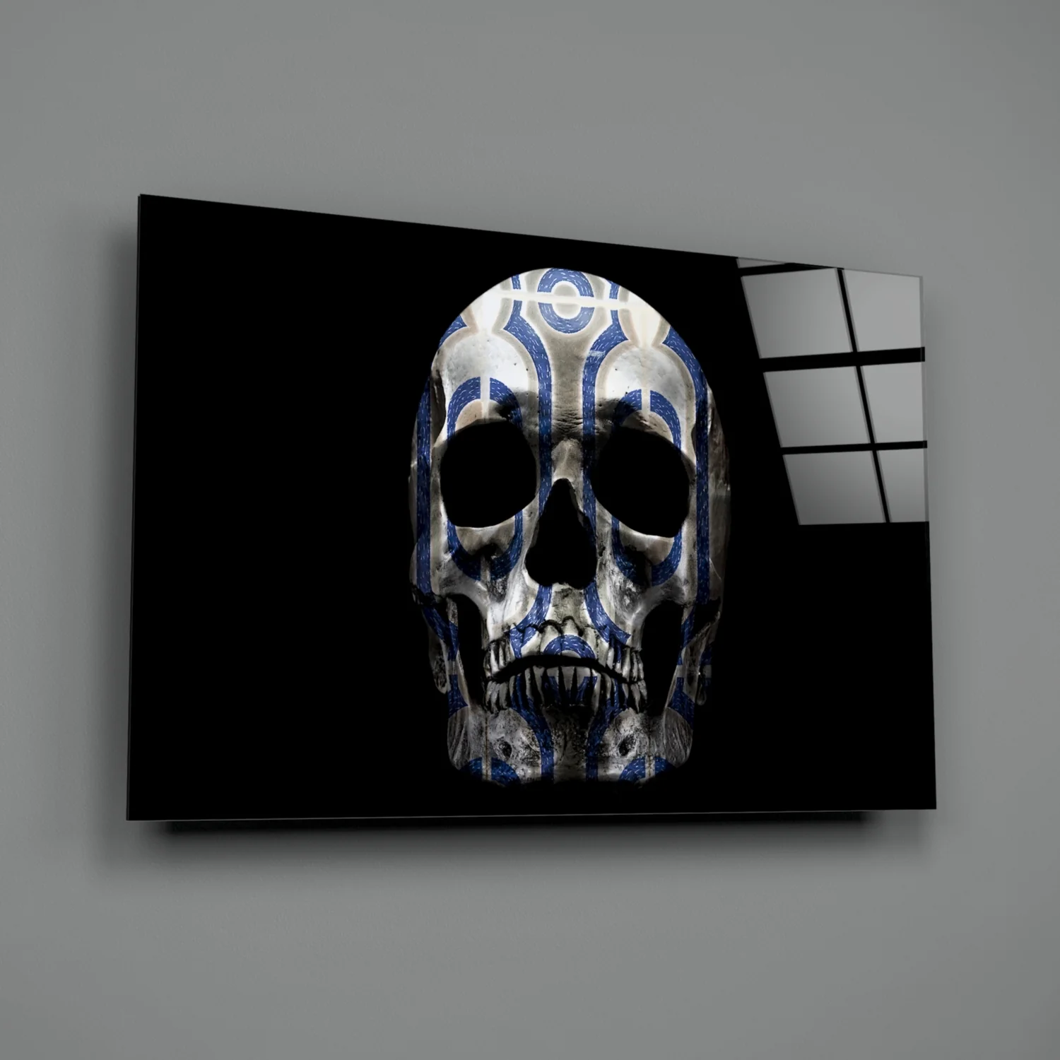 Blue Tribal Pattern Skull Glass Wall Art - Image 2