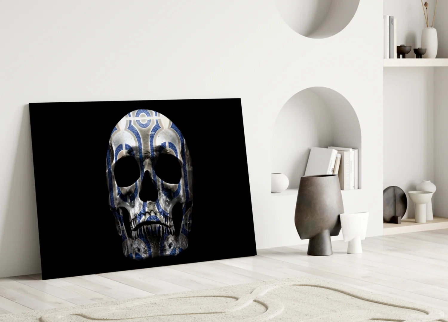 Blue Tribal Pattern Skull Glass Wall Art - Image 3