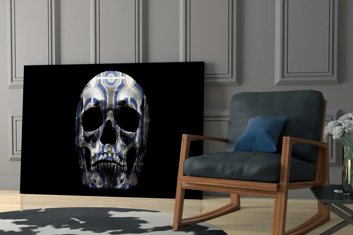 Blue Tribal Pattern Skull Glass Wall Art - Image 6