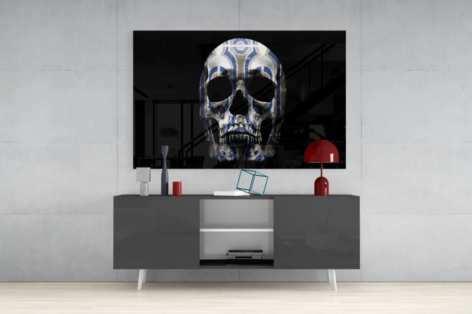 Blue Tribal Pattern Skull Glass Wall Art - Image 8