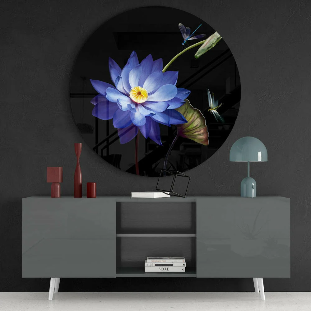 Blue Water Lily Dragonfly Glass Wall Art - Image 4