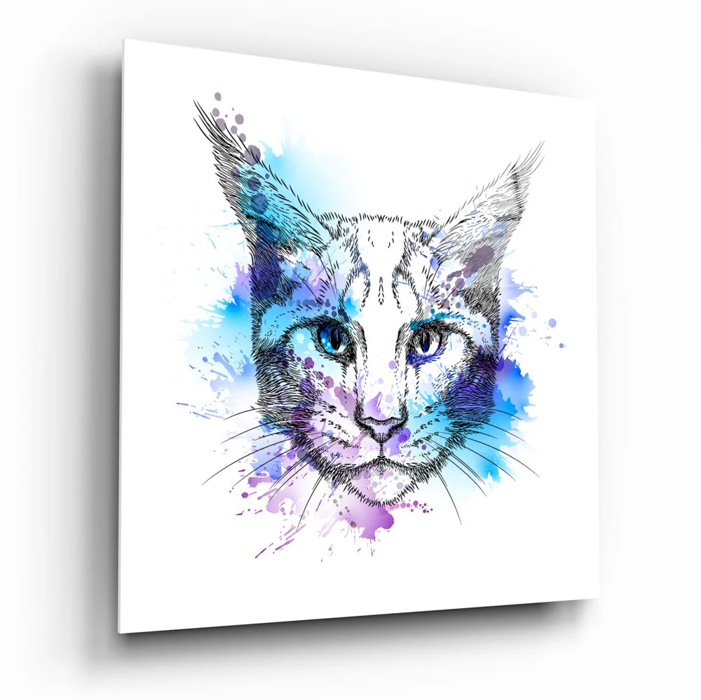 Blue Watercolor Sketch Cat Glass Wall Art - Image 2