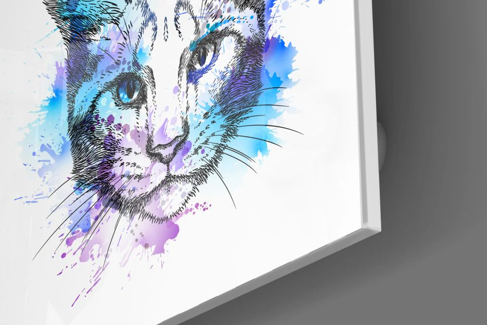 Blue Watercolor Sketch Cat Glass Wall Art - Image 3