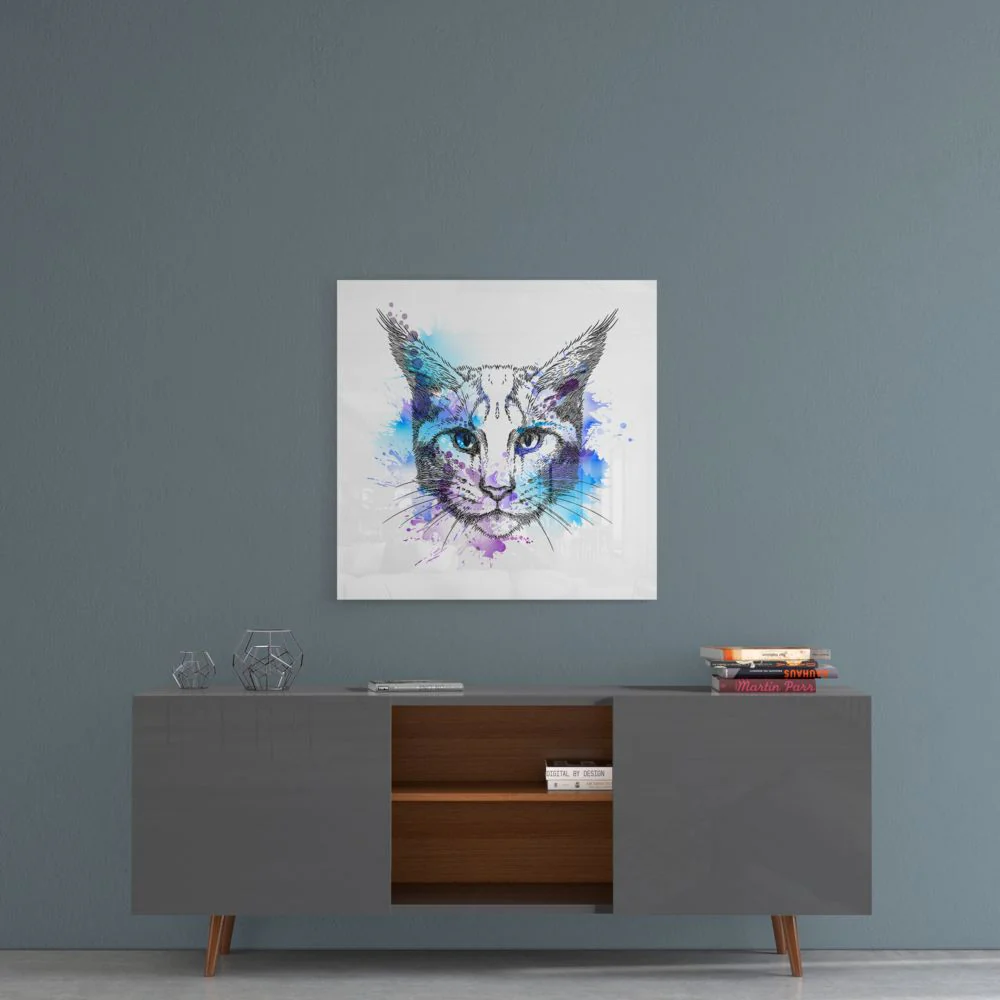 Blue Watercolor Sketch Cat Glass Wall Art - Image 5