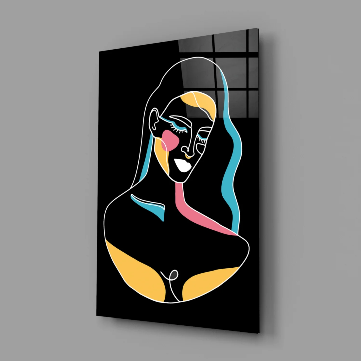 Blue Wavy Hair Line Art Glass Wall Art - Image 2