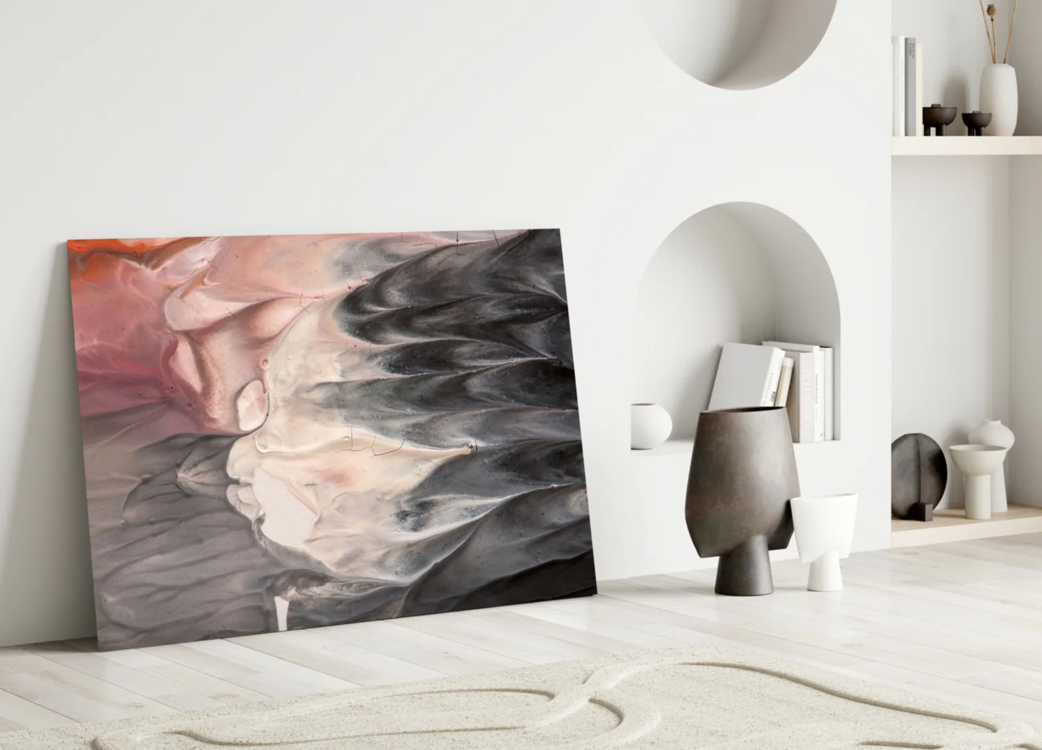Blush and Charcoal Feather Smoke Glass Wall Art - Image 4