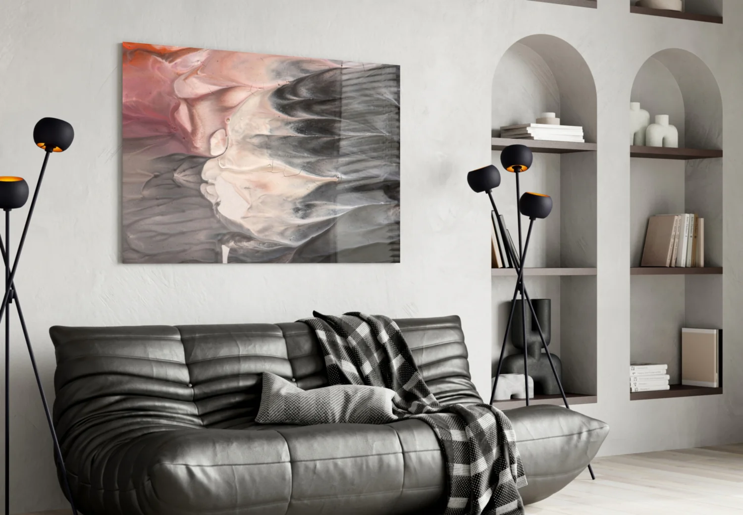 Blush and Charcoal Feather Smoke Glass Wall Art - Image 5