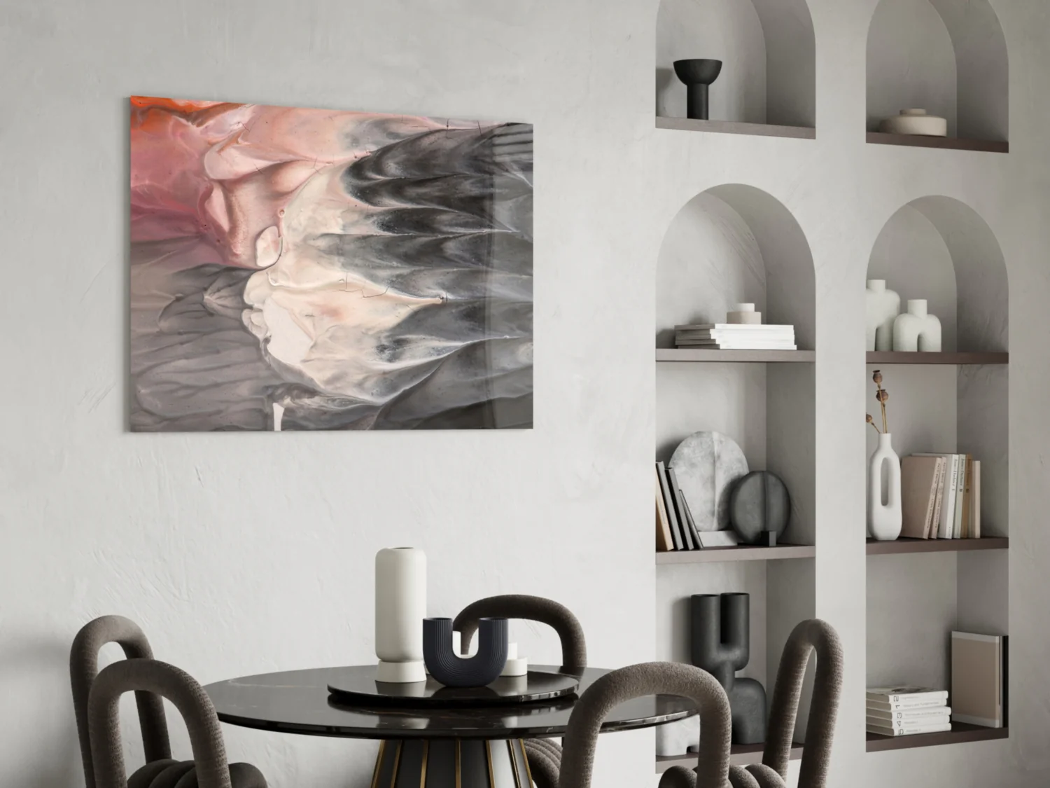 Blush and Charcoal Feather Smoke Glass Wall Art - Image 6