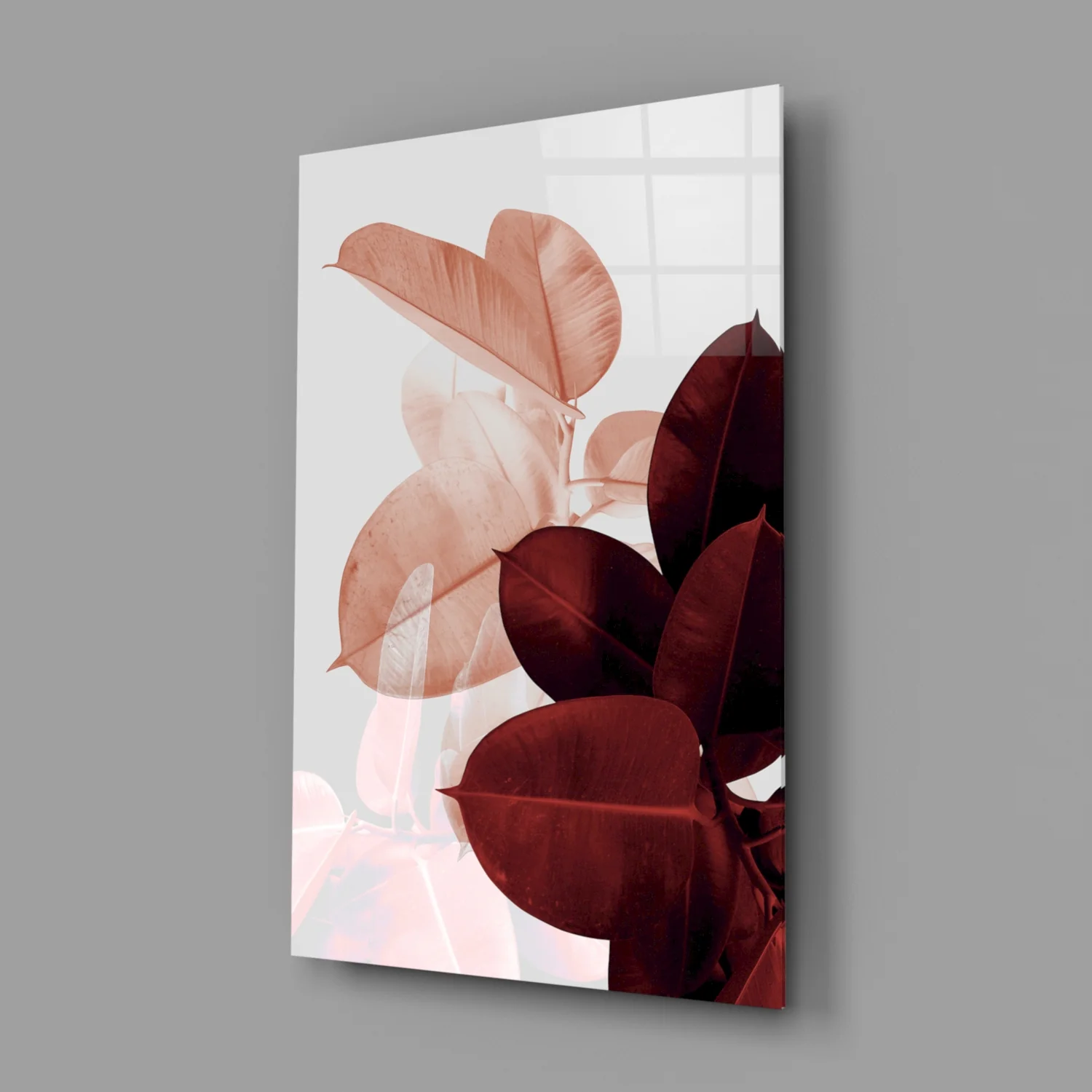 Blush Burgundy Rubber Leaves Glass Wall Art - Image 2