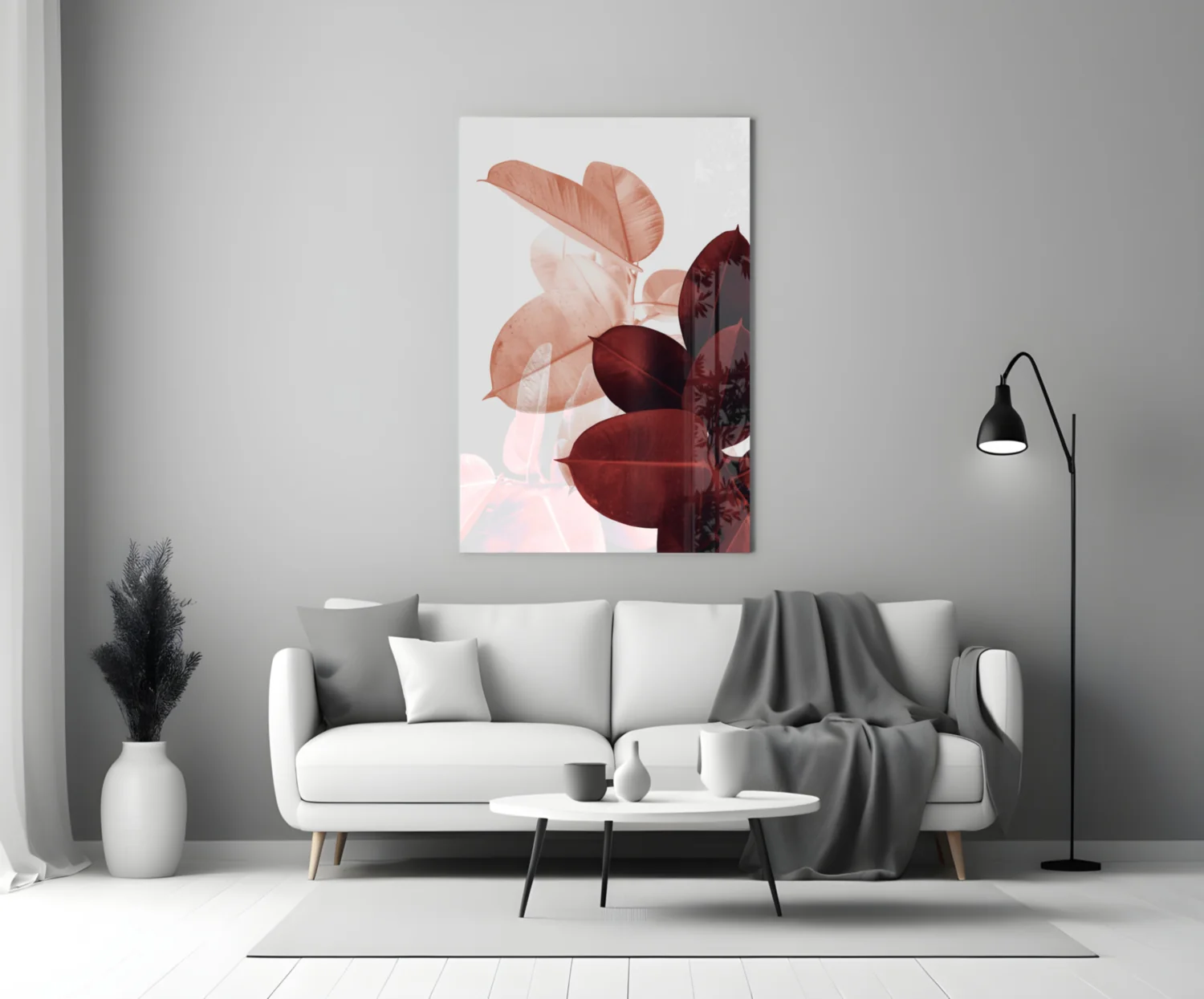 Blush Burgundy Rubber Leaves Glass Wall Art - Image 3