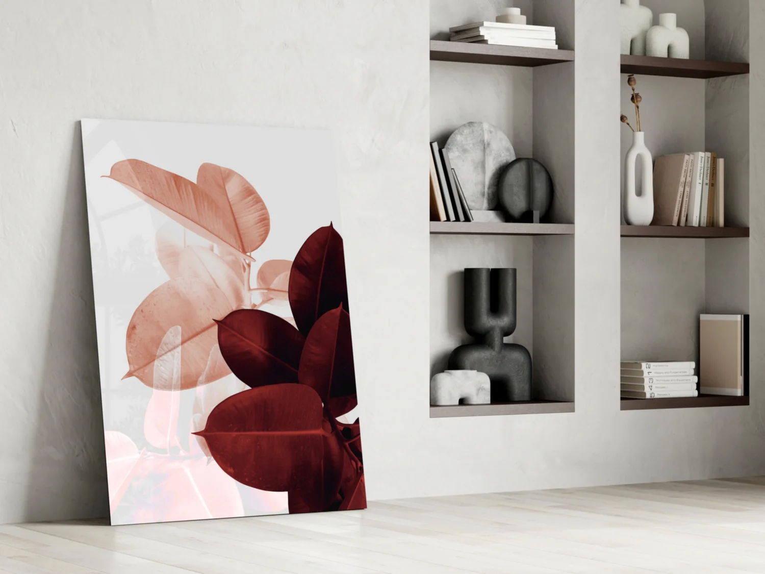 Blush Burgundy Rubber Leaves Glass Wall Art - Image 6