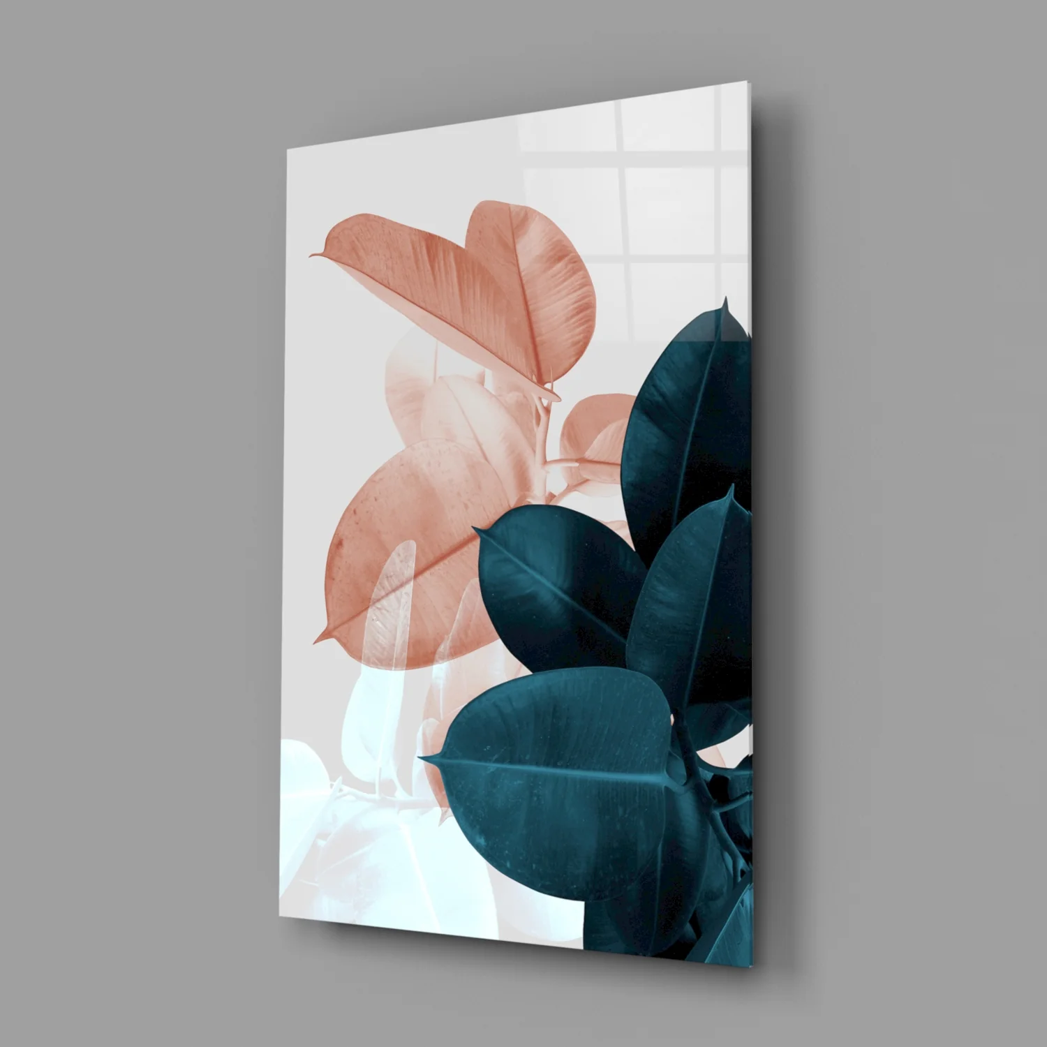 Blush Teal Rubber Plant Leaves Glass Wall Art - Image 2