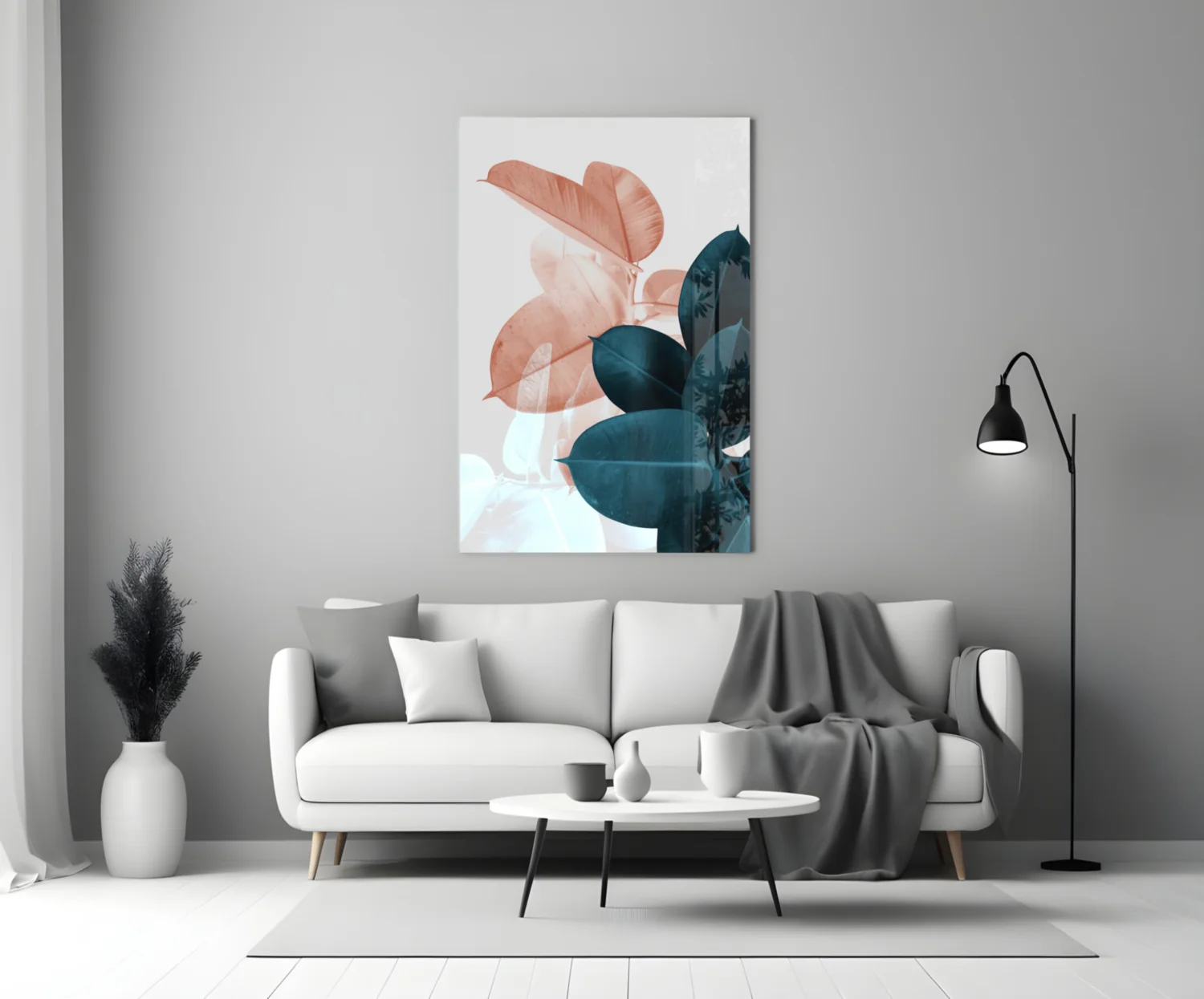 Blush Teal Rubber Plant Leaves Glass Wall Art - Image 3