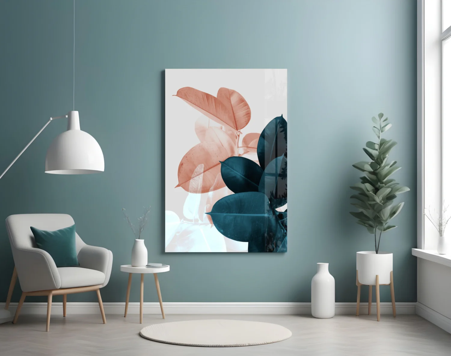 Blush Teal Rubber Plant Leaves Glass Wall Art - Image 4