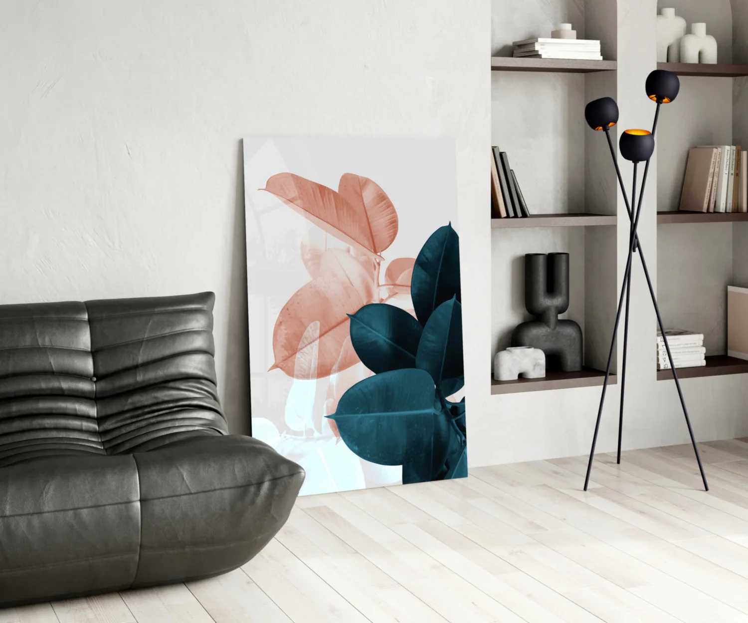 Blush Teal Rubber Plant Leaves Glass Wall Art - Image 5