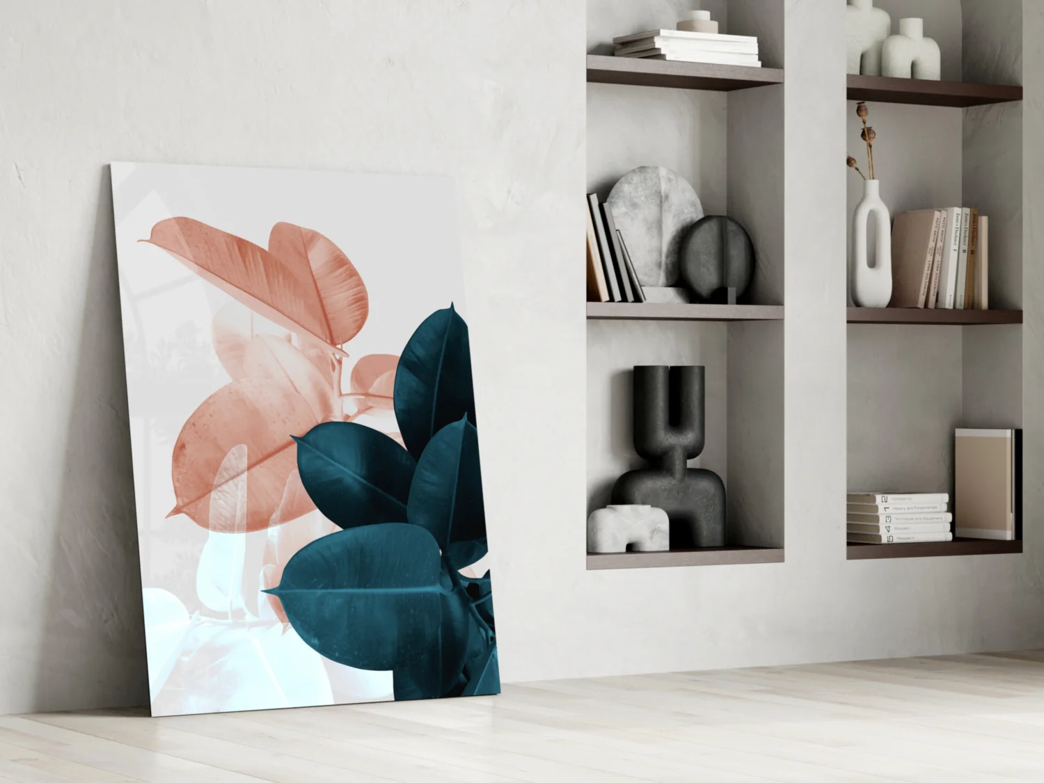 Blush Teal Rubber Plant Leaves Glass Wall Art - Image 6