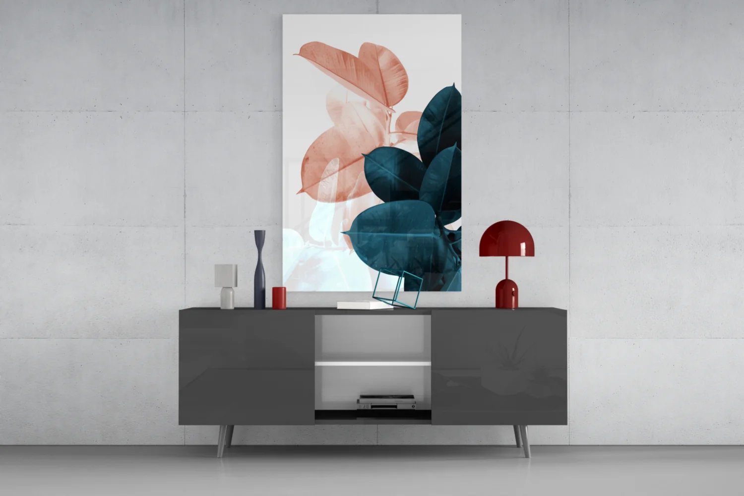 Blush Teal Rubber Plant Leaves Glass Wall Art - Image 8