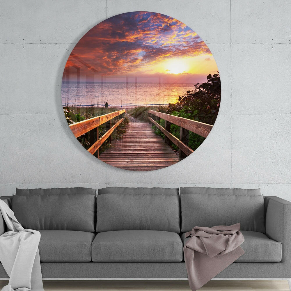 Boardwalk Beach Sunset Round Glass Wall Art - Image 2