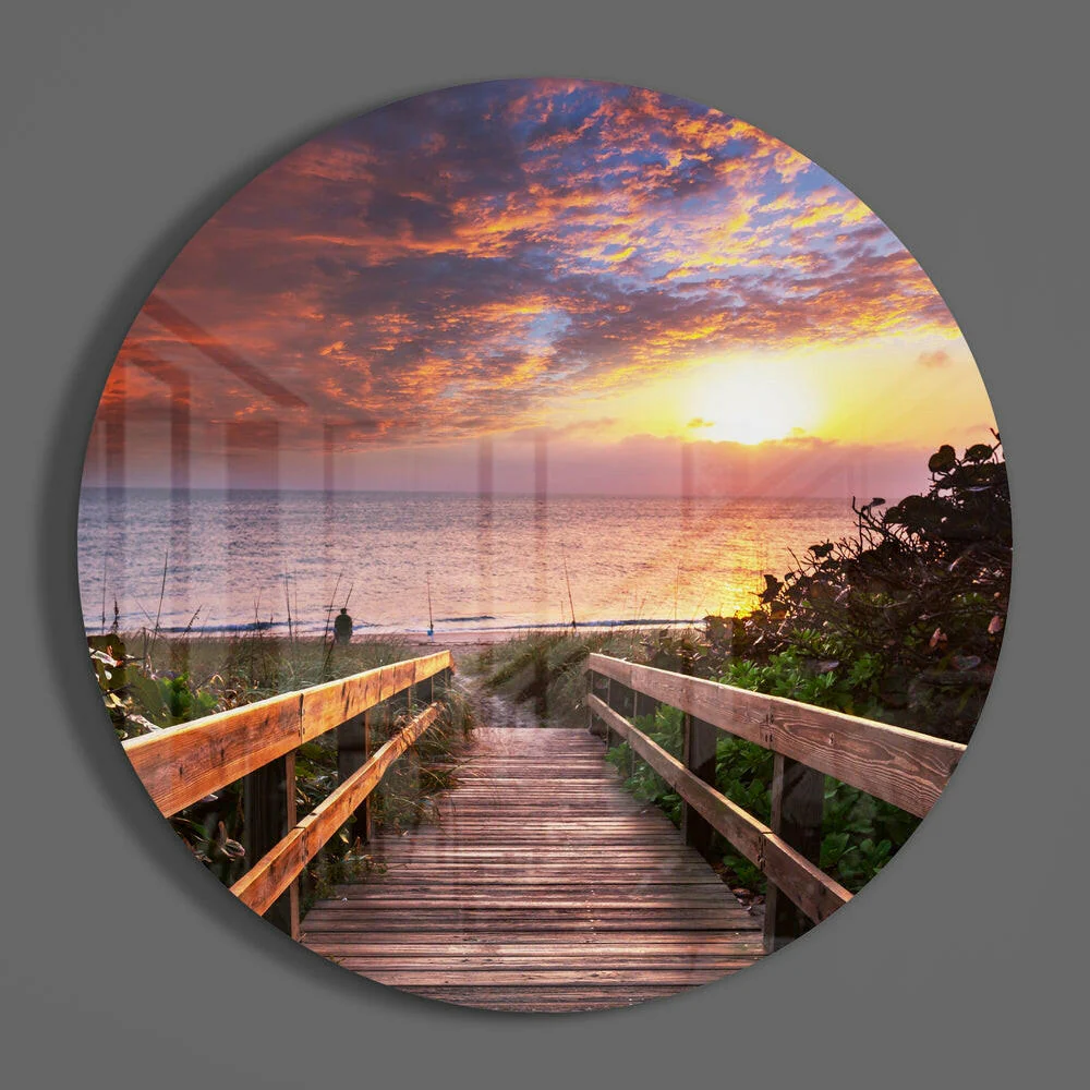 Boardwalk Beach Sunset Round Glass Wall Art - Image 3