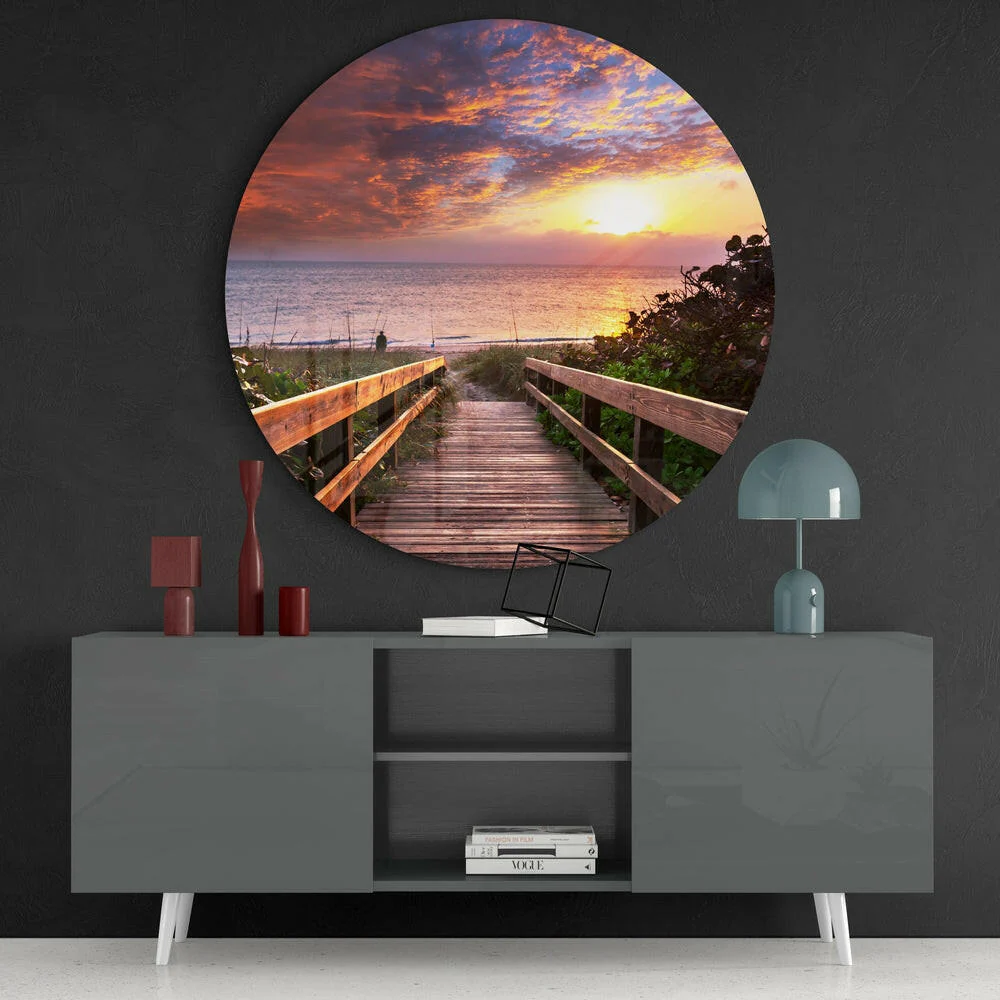 Boardwalk Beach Sunset Round Glass Wall Art - Image 4