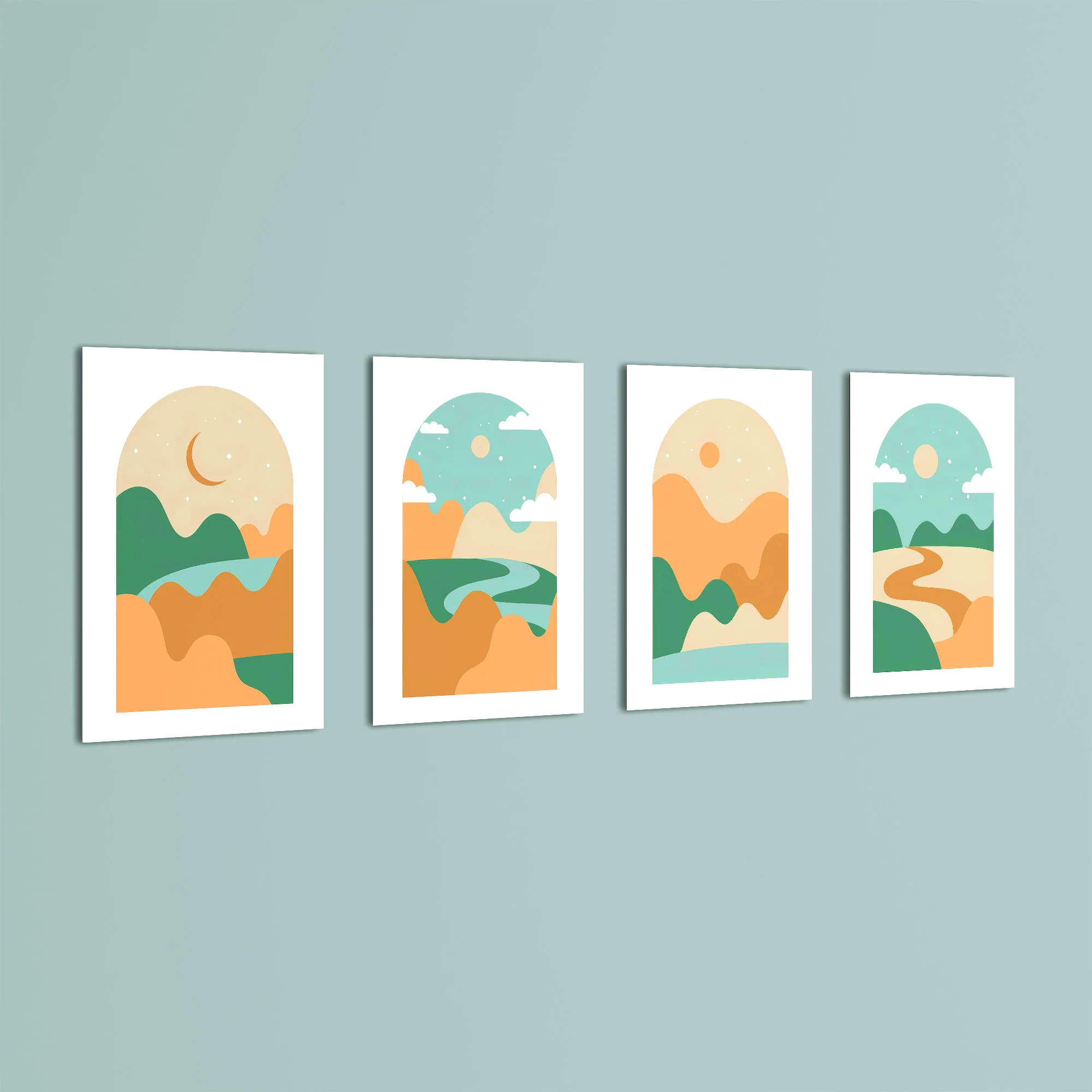 Boho Arch Rolling Hills Landscape 4 Pieces Kids Metal Wall Art