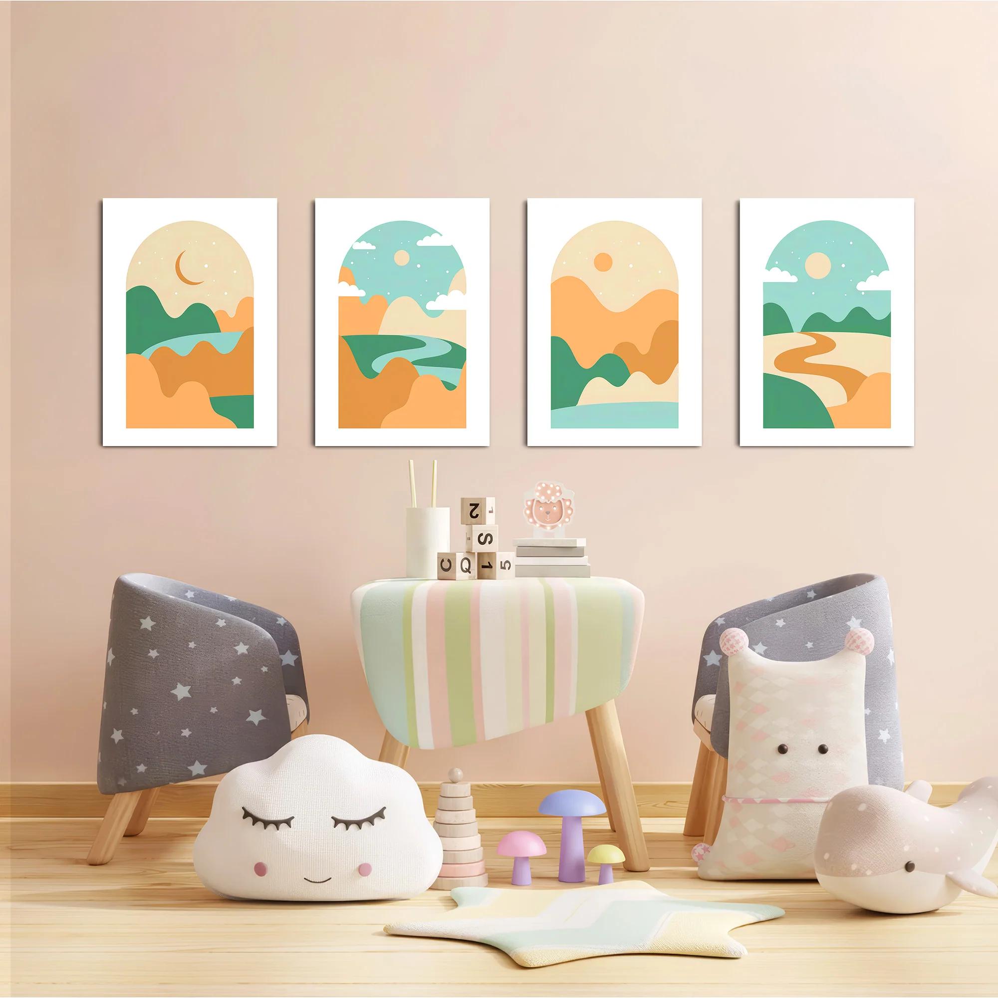 Boho Arch Rolling Hills Landscape 4 Pieces Kids Metal Wall Art - Image 6