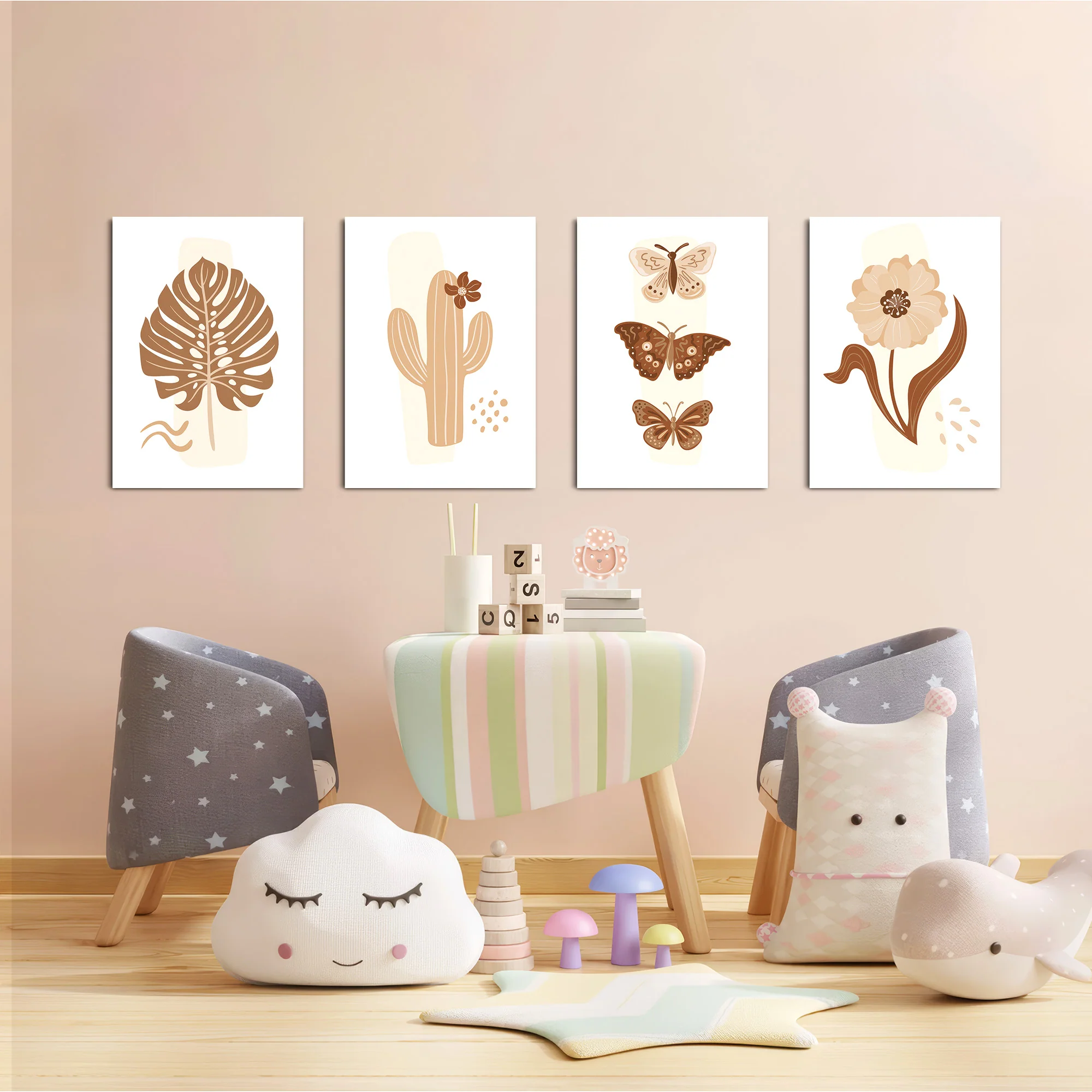 Boho Botanical Cactus & Butterfly 4 Pieces Kids Metal Wall Art - Image 6