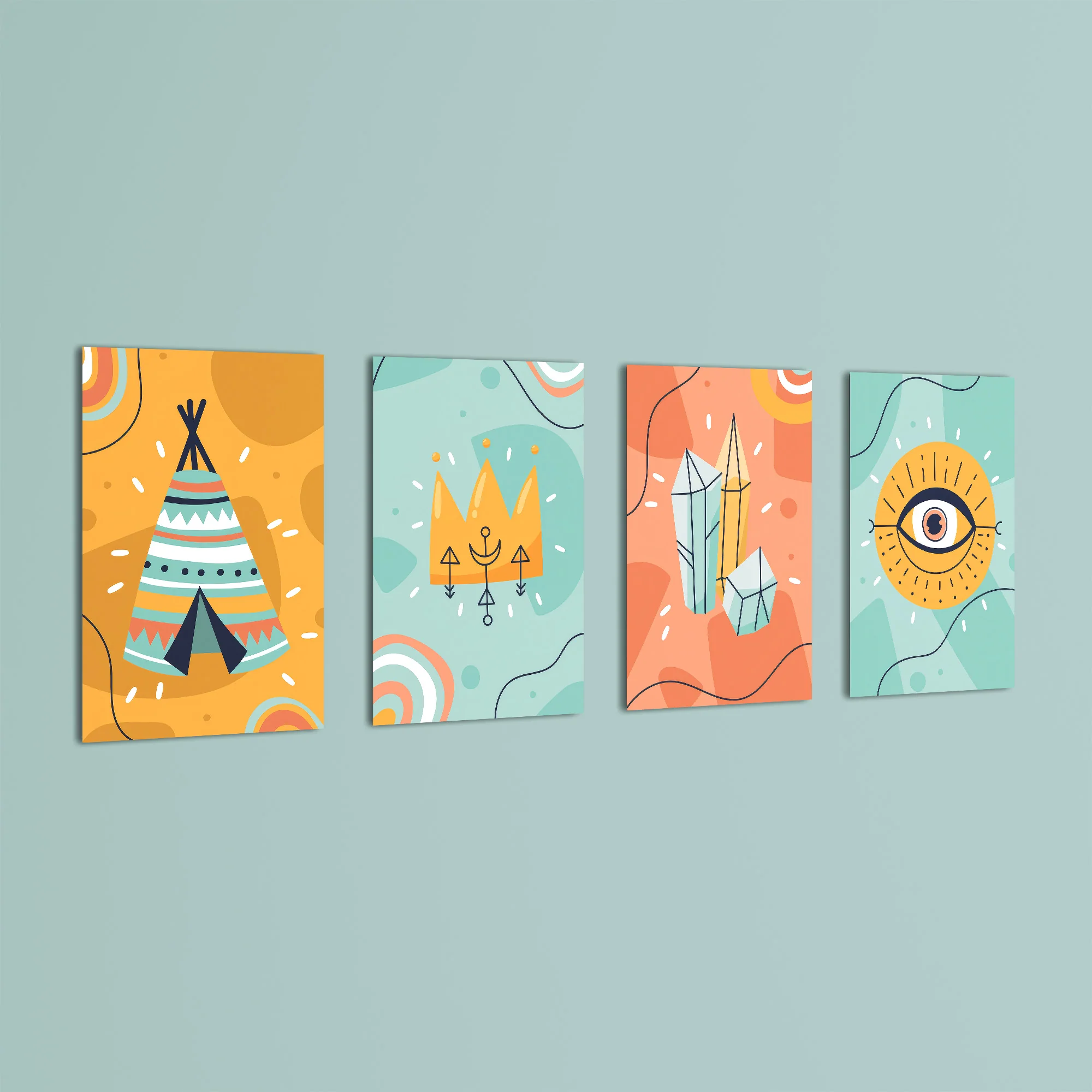 Boho Tribal Teepee & Evil Eye 4 Pieces Kids Metal Wall Art