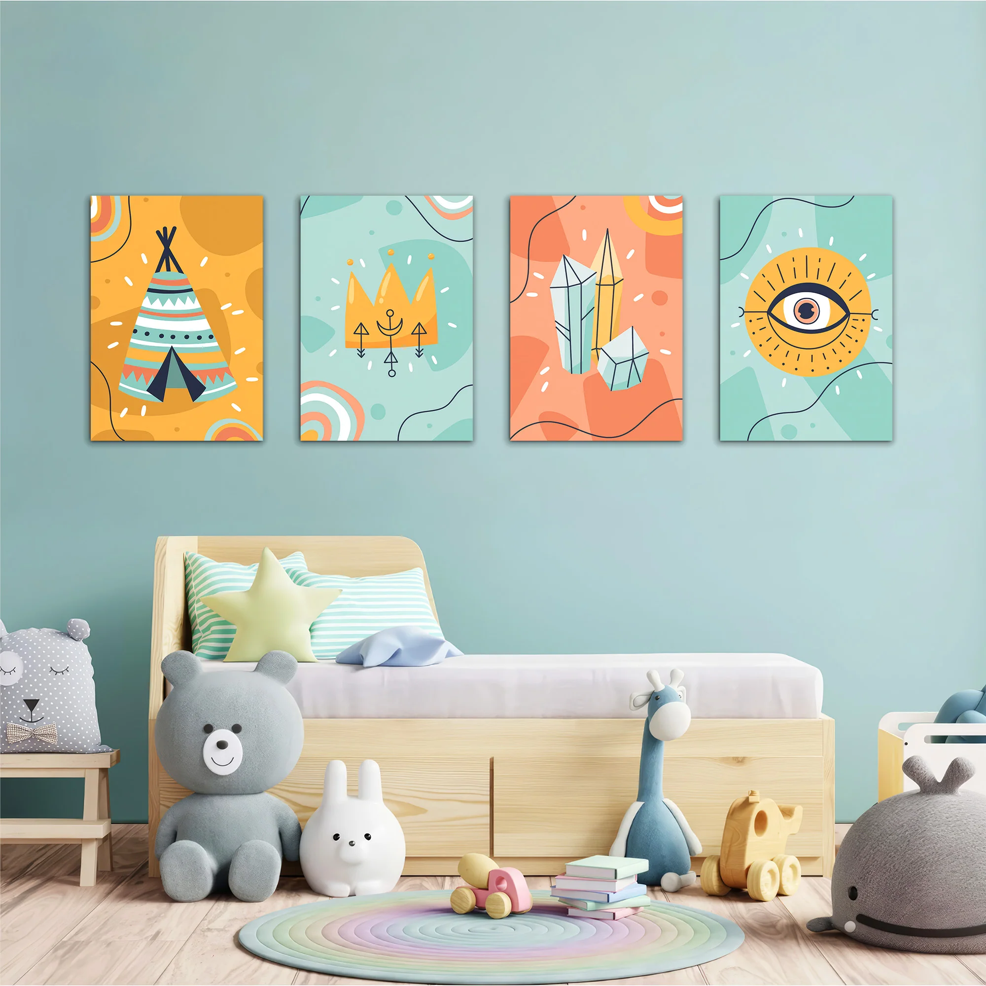 Boho Tribal Teepee & Evil Eye 4 Pieces Kids Metal Wall Art - Image 2