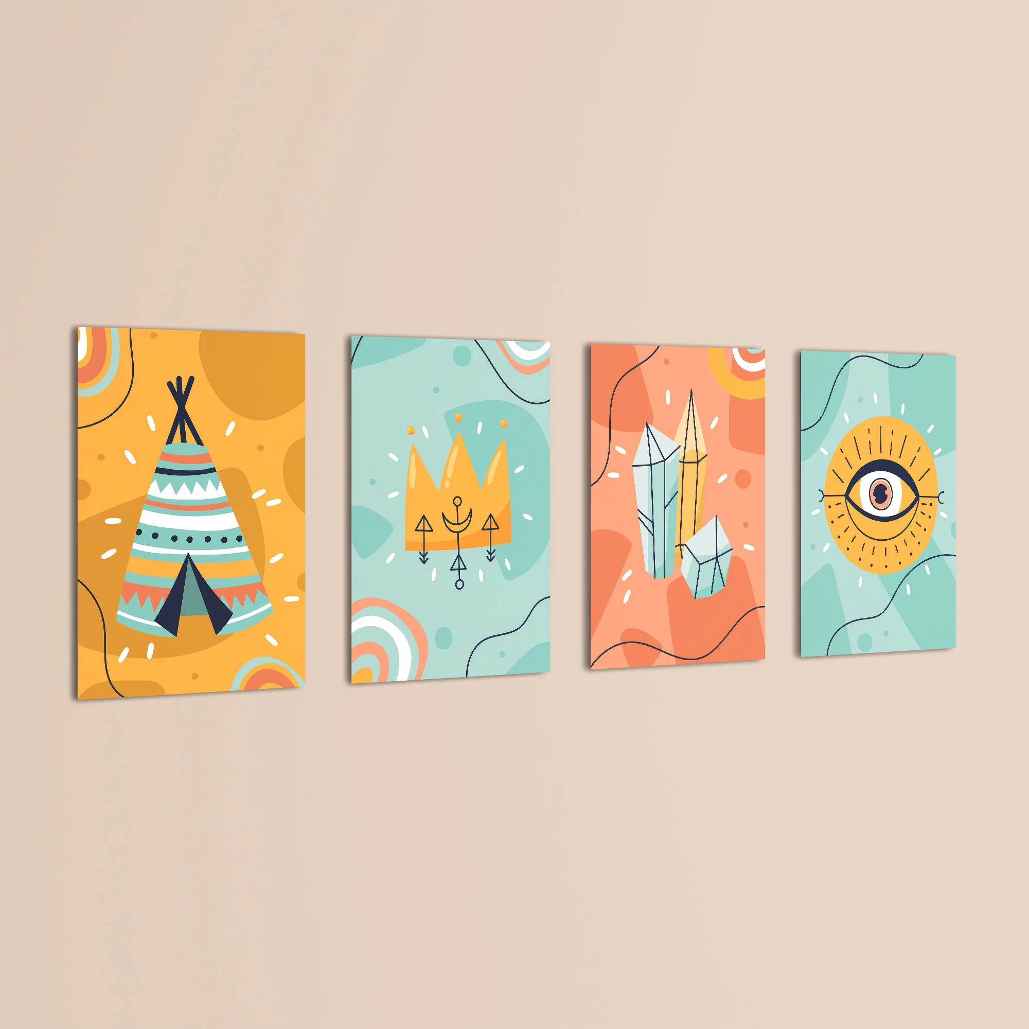 Boho Tribal Teepee & Evil Eye 4 Pieces Kids Metal Wall Art - Image 3