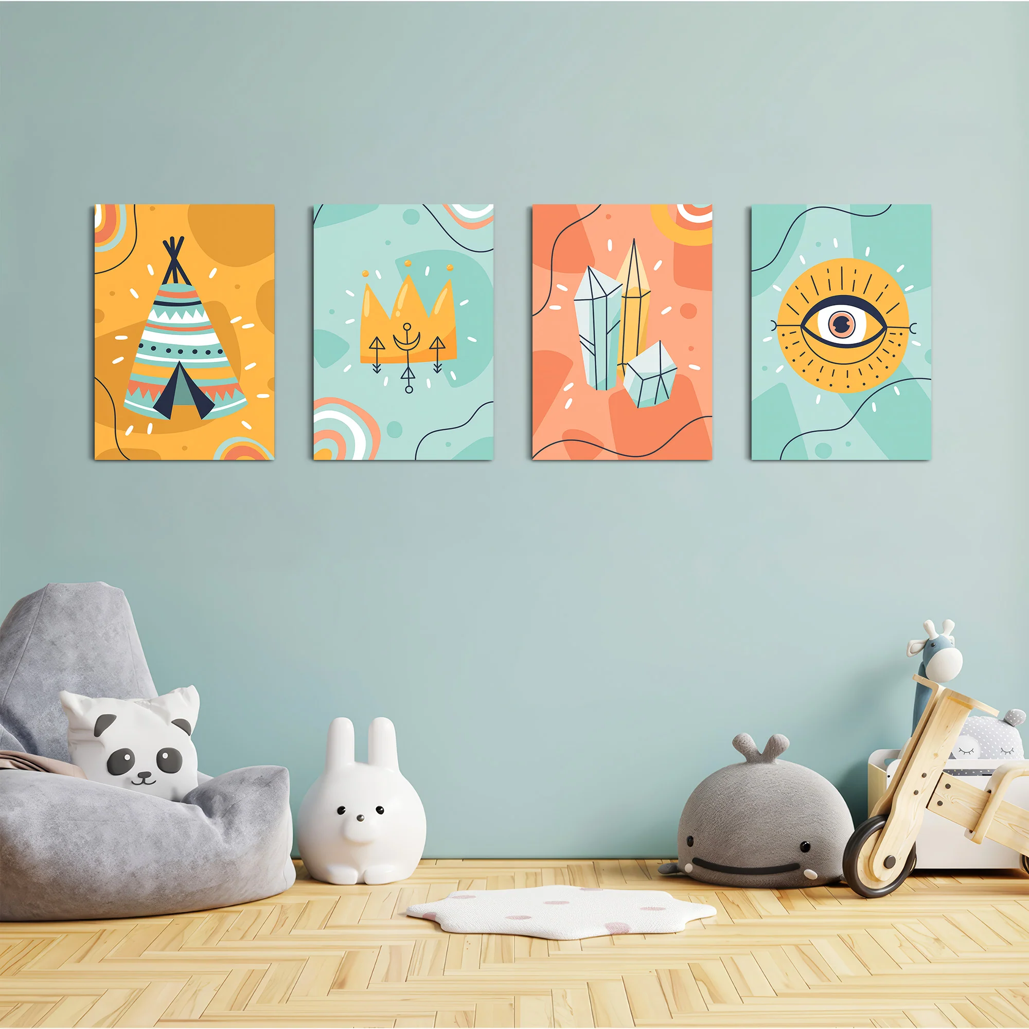 Boho Tribal Teepee & Evil Eye 4 Pieces Kids Metal Wall Art - Image 4