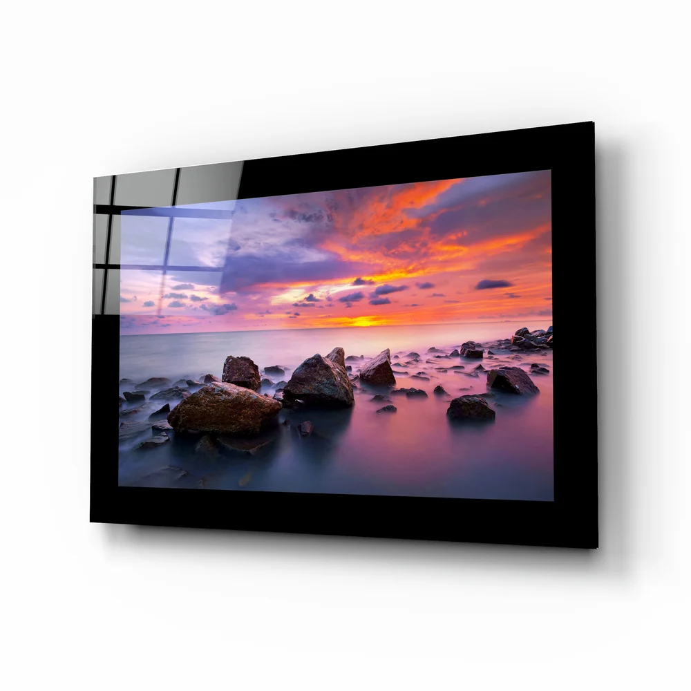 Boulder Shore Vivid Sunset Glass Wall Art