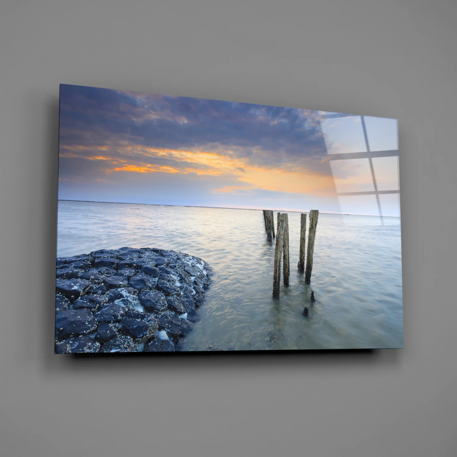 Breakwater Rocks Posts Sunset Glass Wall Art - Image 2