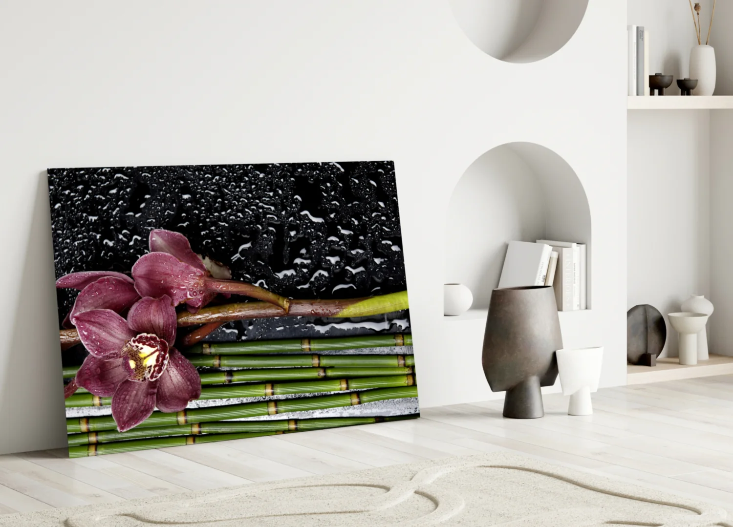 Burgundy Orchid Bamboo Stalks Glass Wall Art - Image 3