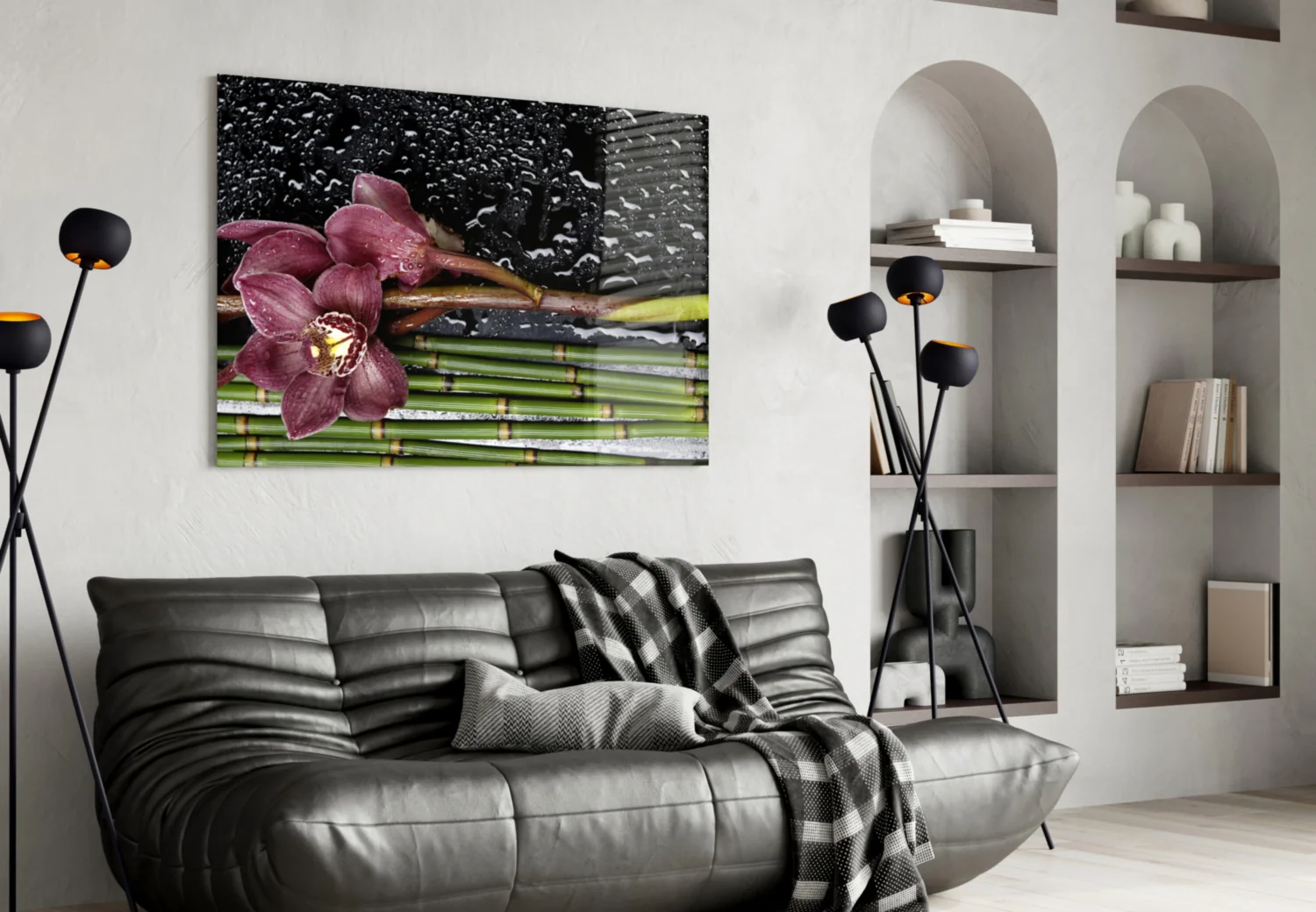 Burgundy Orchid Bamboo Stalks Glass Wall Art - Image 4