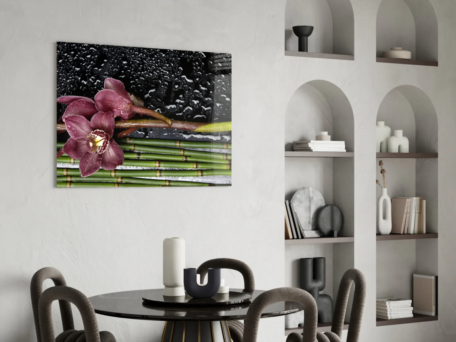 Burgundy Orchid Bamboo Stalks Glass Wall Art - Image 5