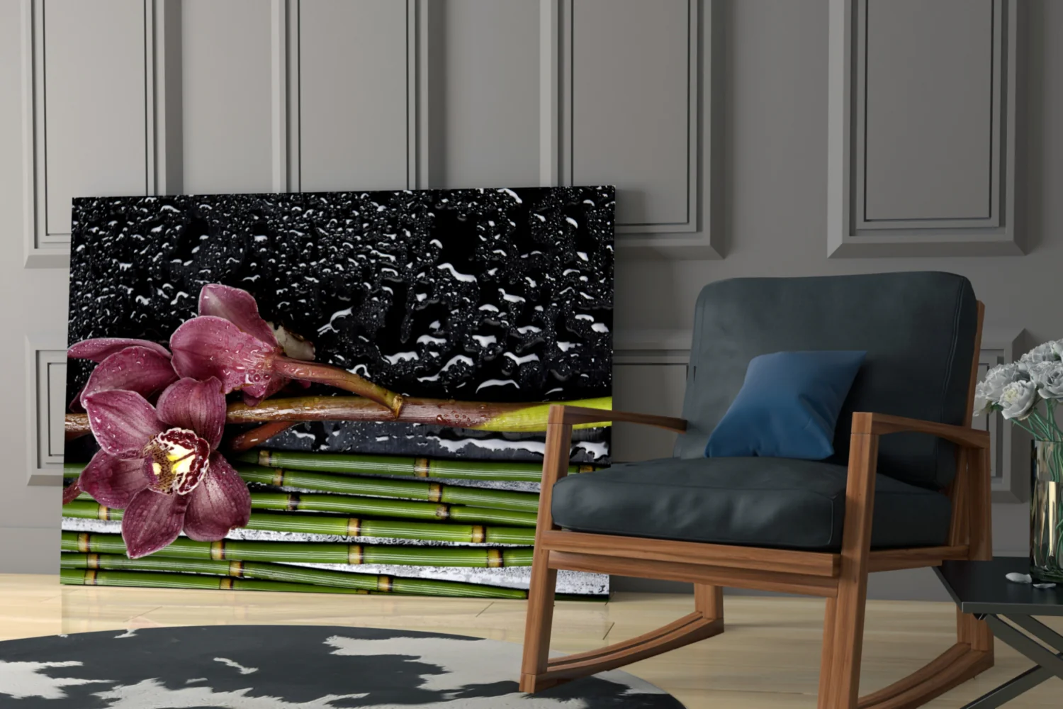 Burgundy Orchid Bamboo Stalks Glass Wall Art - Image 6