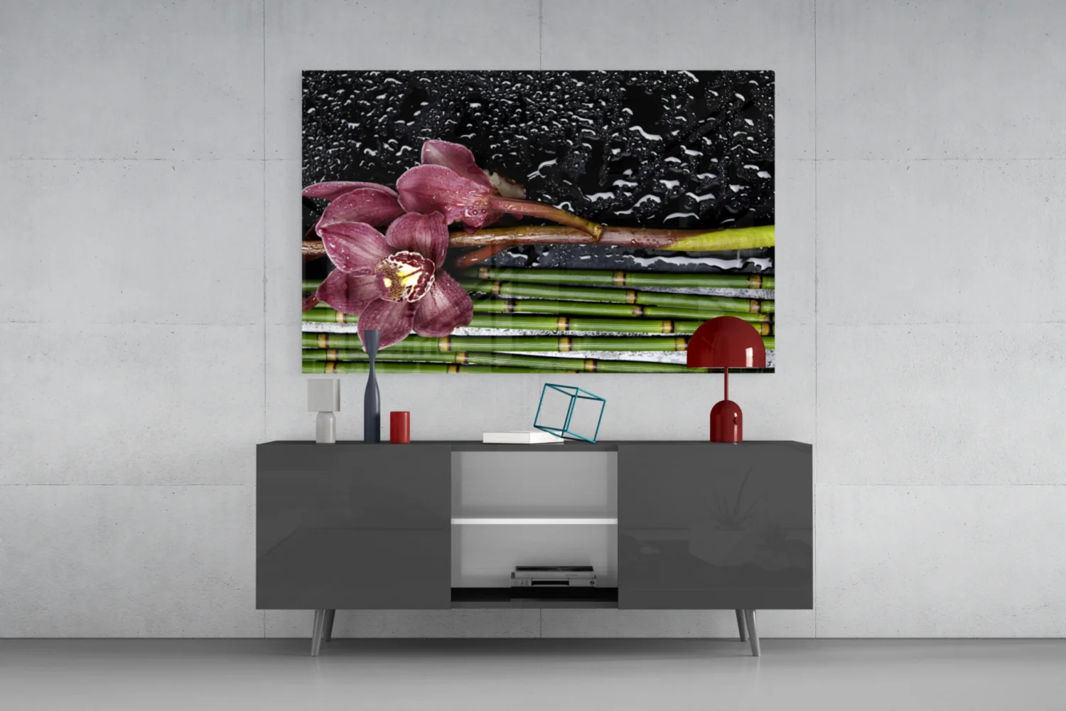 Burgundy Orchid Bamboo Stalks Glass Wall Art - Image 8