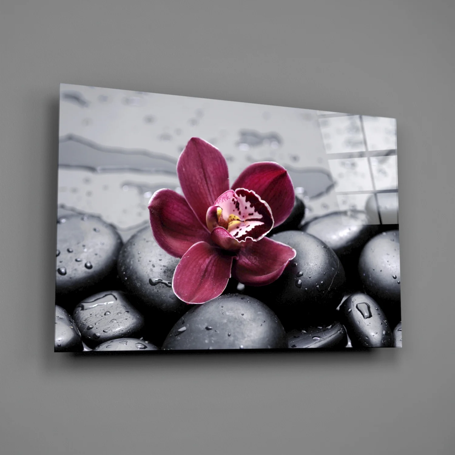 Burgundy Orchid Gray Pebbles Glass Wall Art - Image 2
