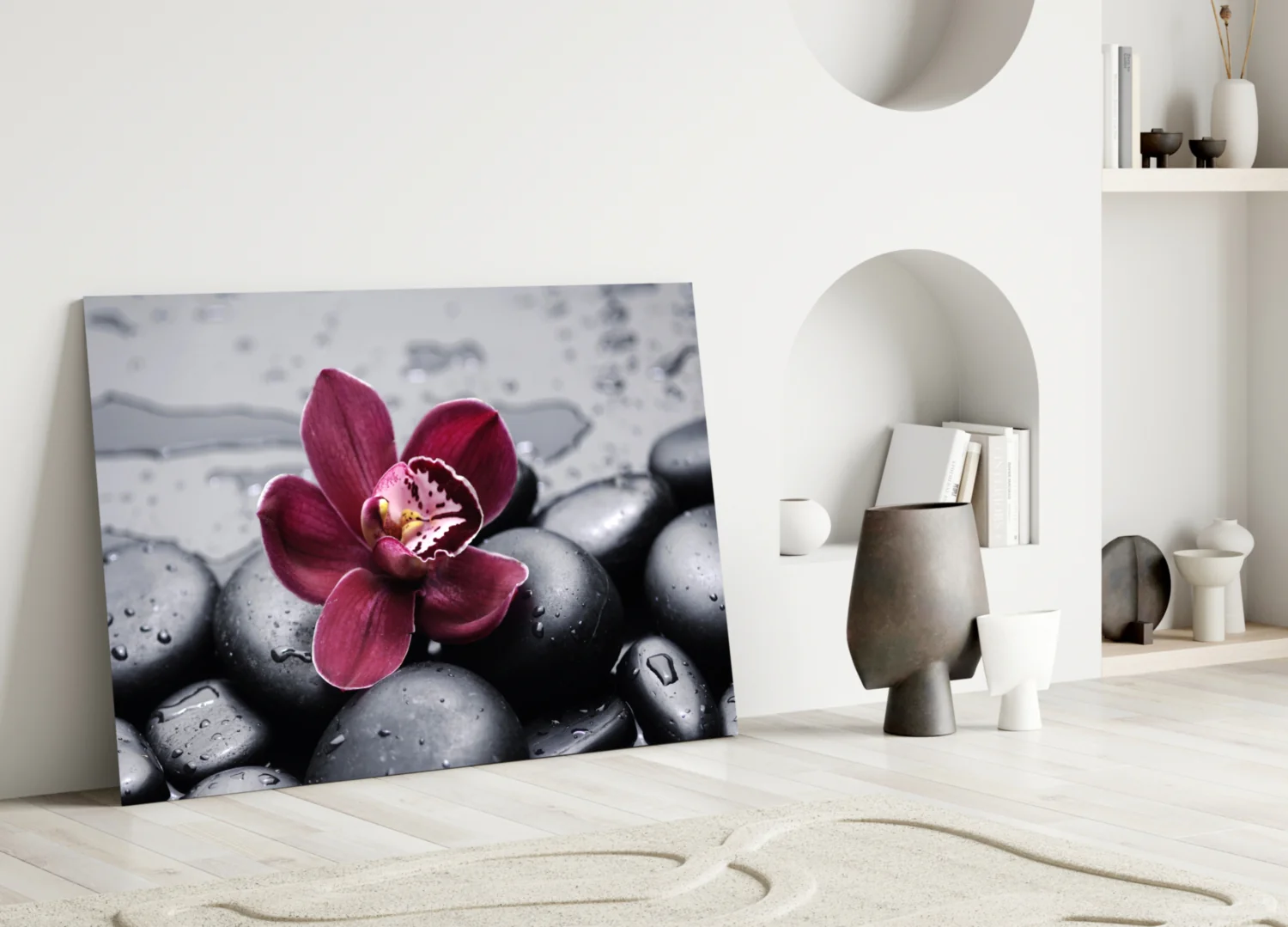 Burgundy Orchid Gray Pebbles Glass Wall Art - Image 3