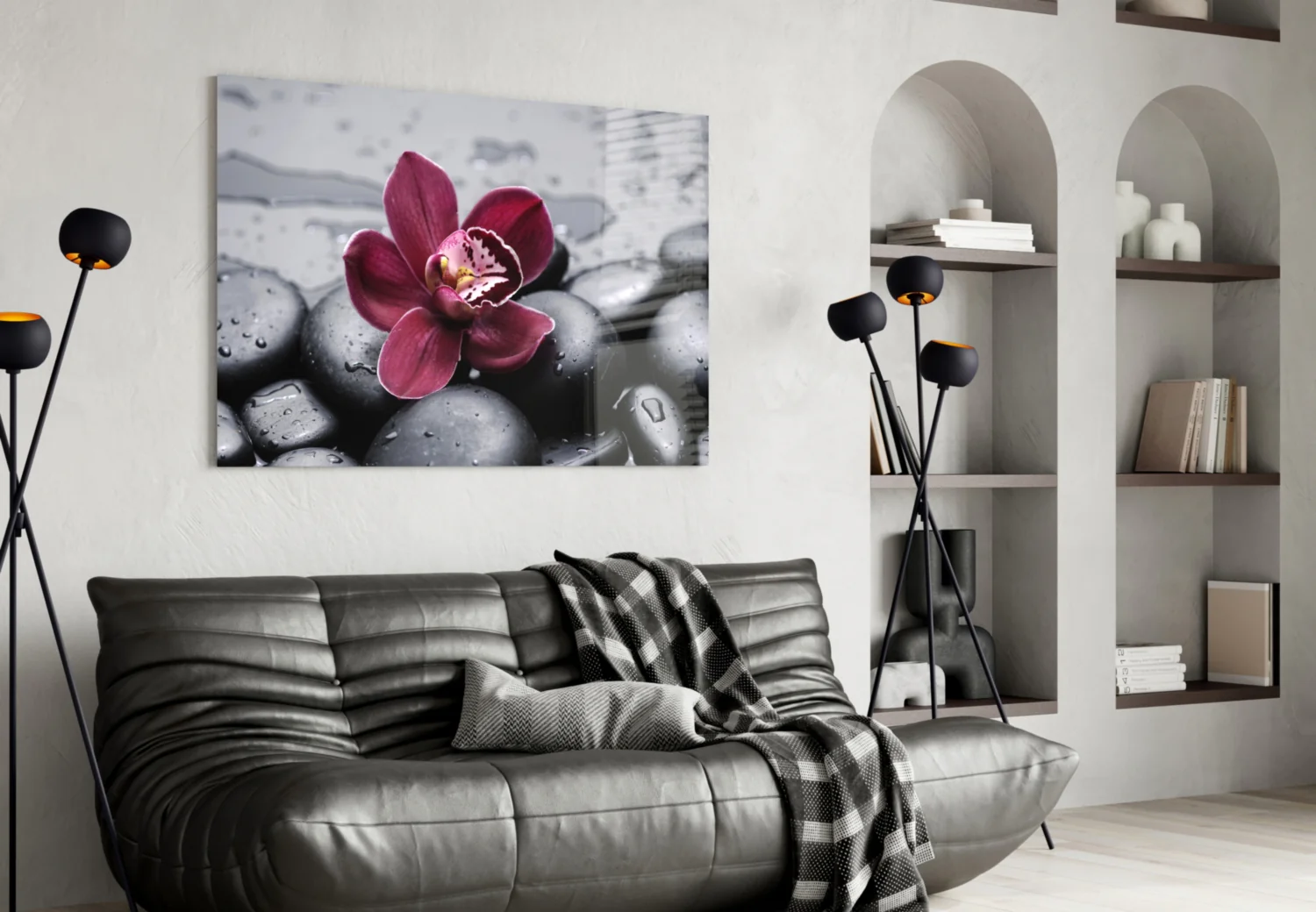 Burgundy Orchid Gray Pebbles Glass Wall Art - Image 4