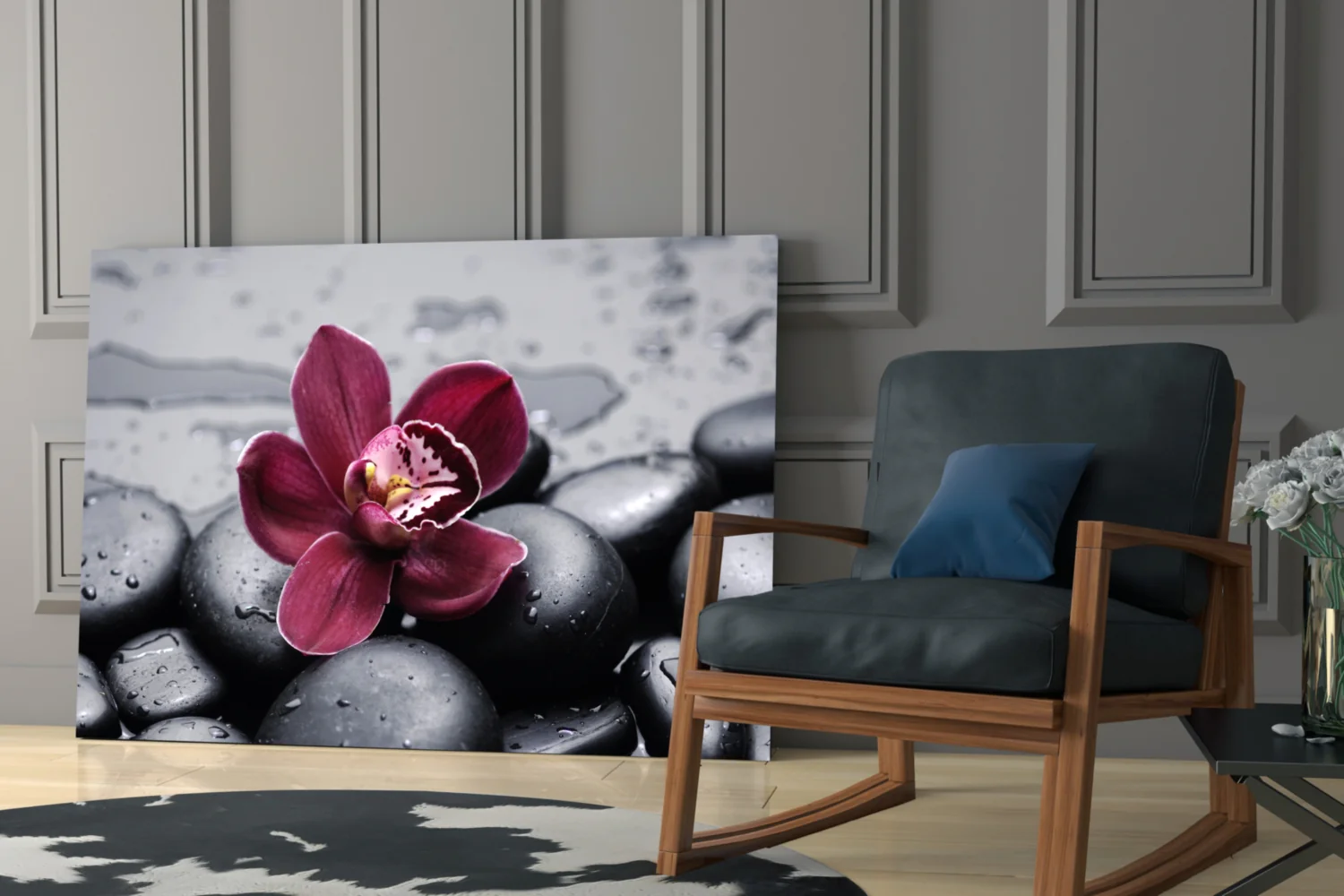 Burgundy Orchid Gray Pebbles Glass Wall Art - Image 6