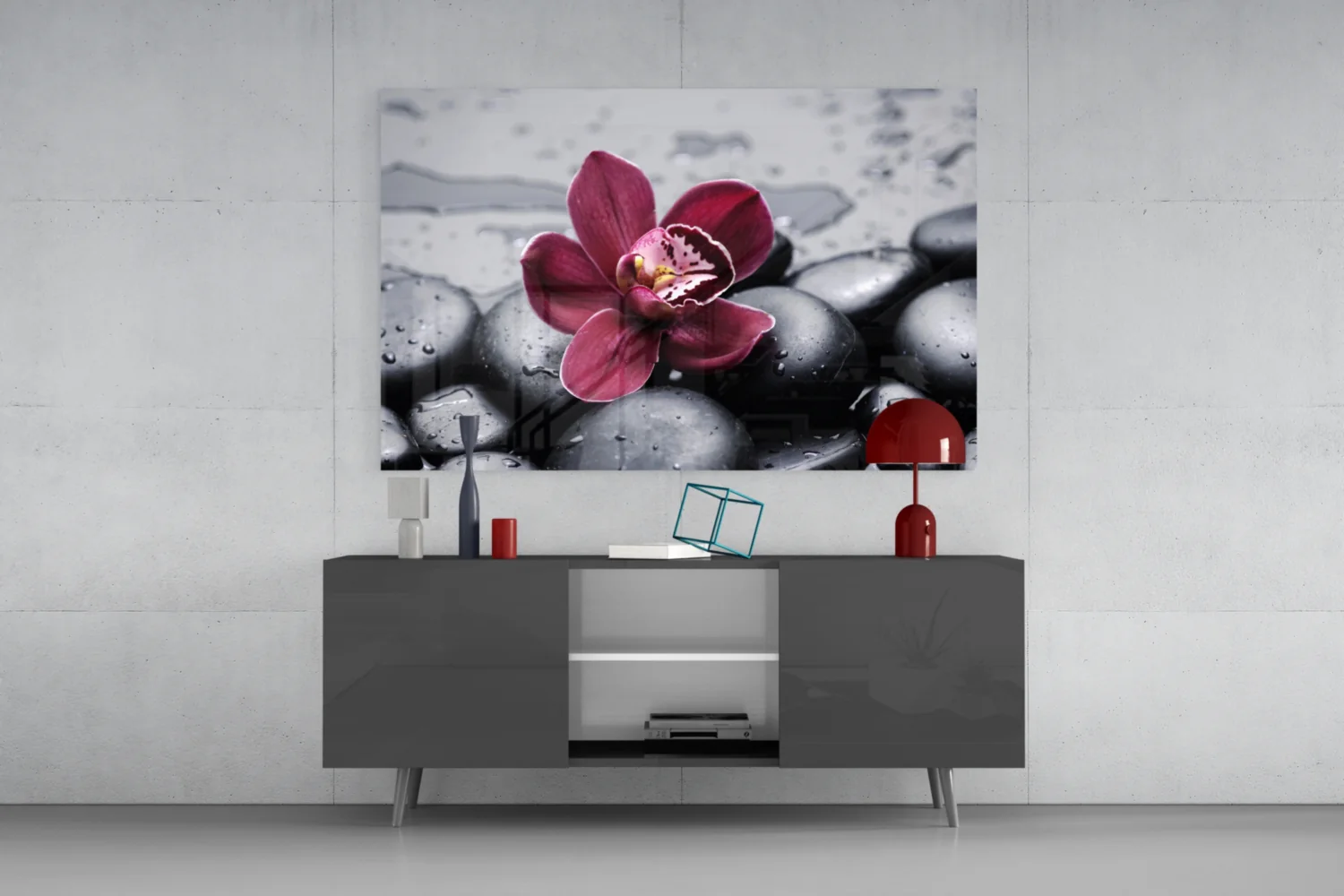 Burgundy Orchid Gray Pebbles Glass Wall Art - Image 8