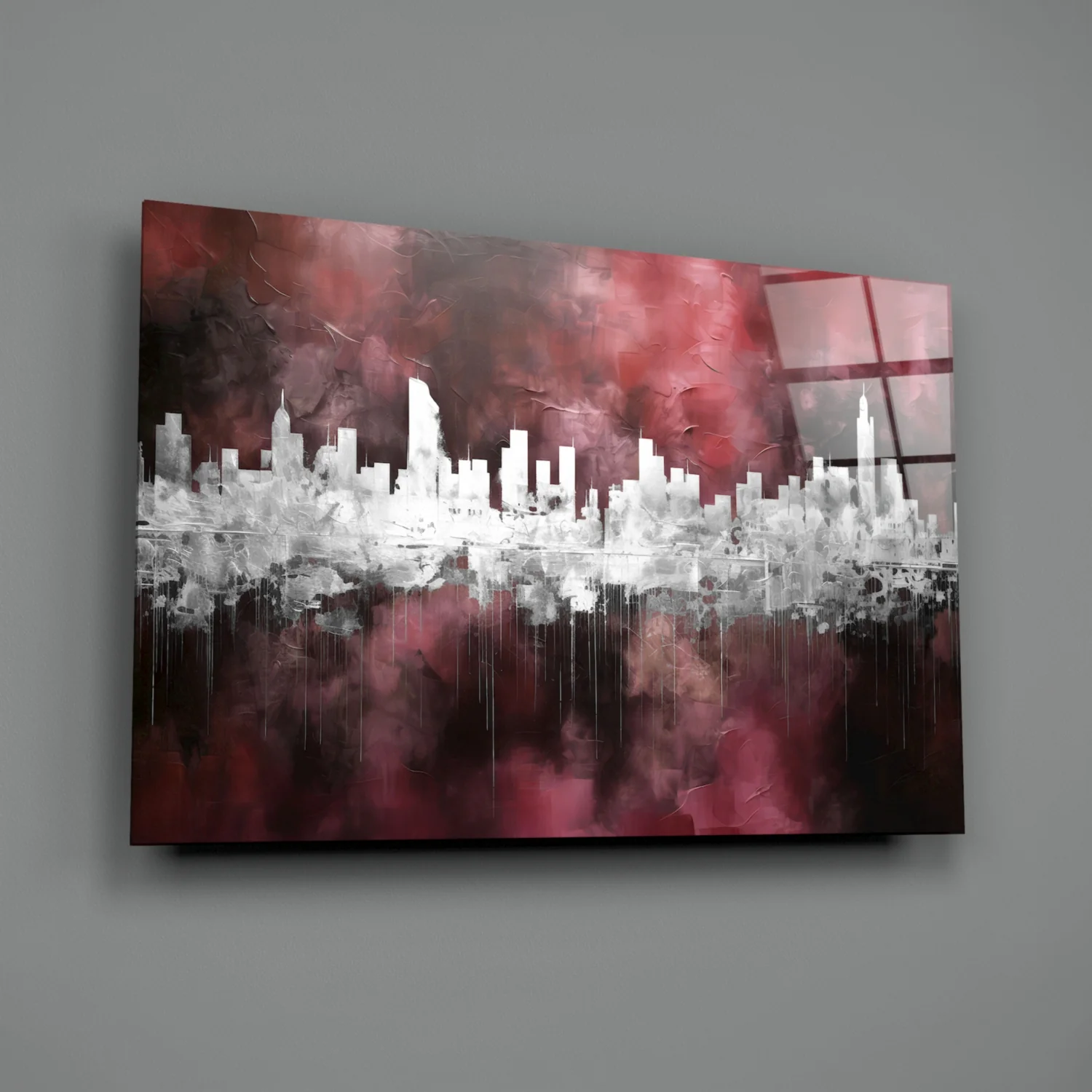 Burgundy Reflected City Glass Wall Art - Image 2