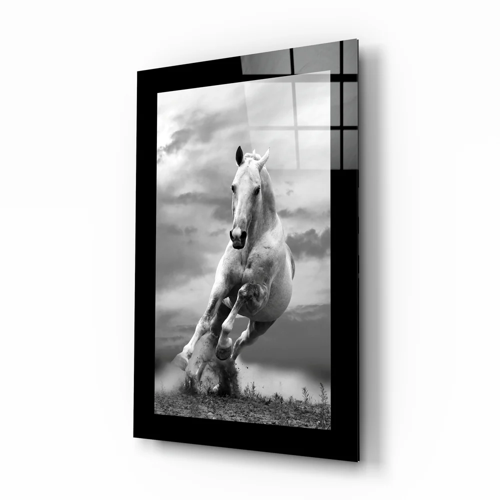 Charging White Horse Photo Glass Wall Art