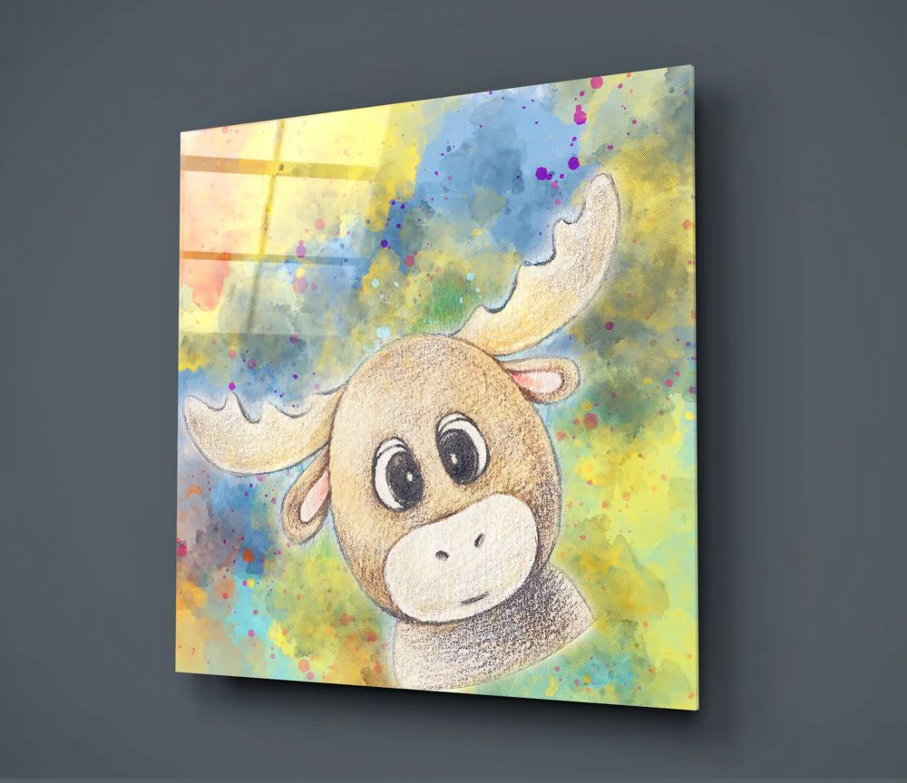 Cheerful Cartoon Moose Kids Glass Wall Art - Image 2