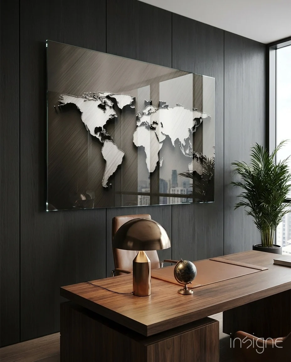 Chrome Relief World Map Glass Wall Art