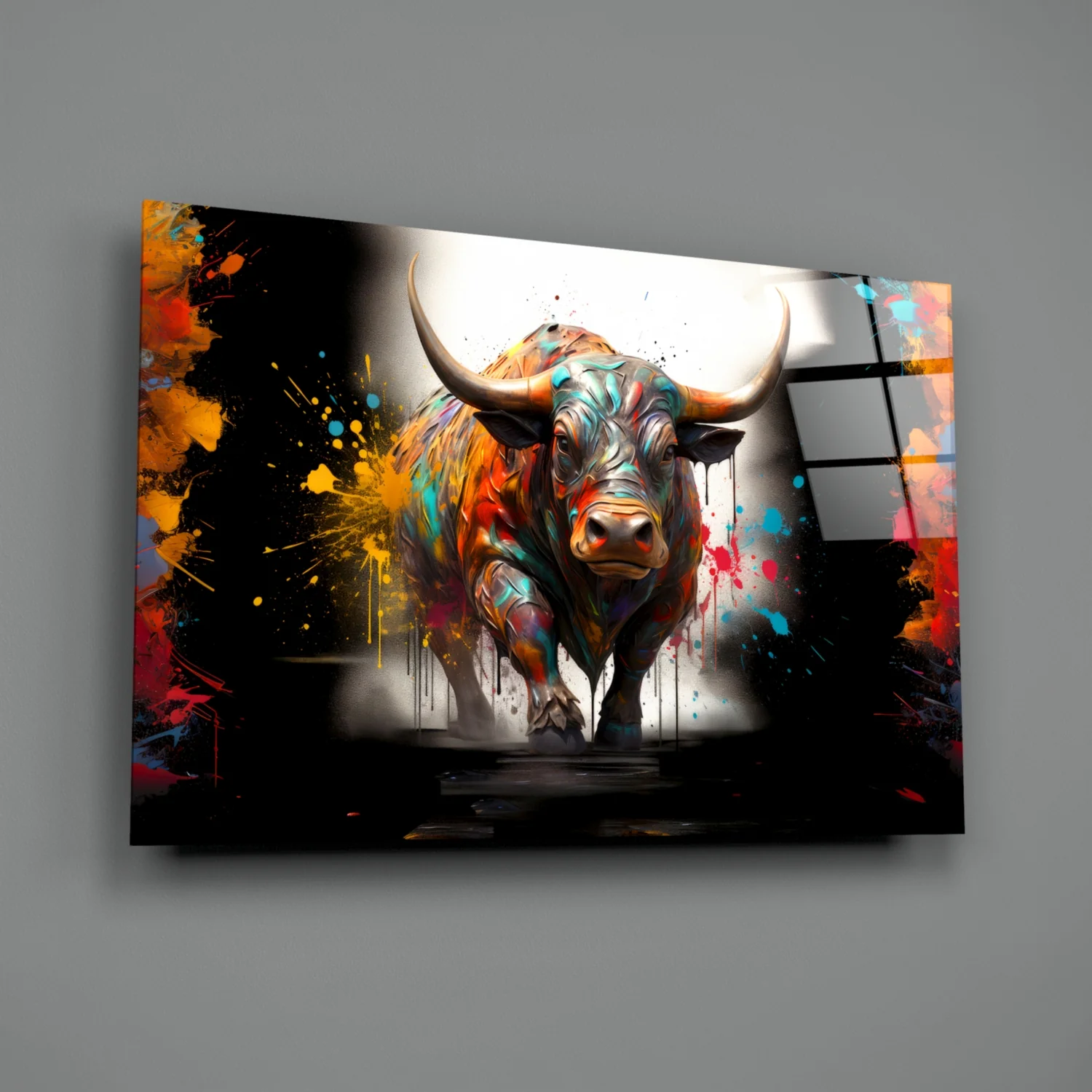 Colorful Bull Halo Splash Glass Wall Art - Image 3