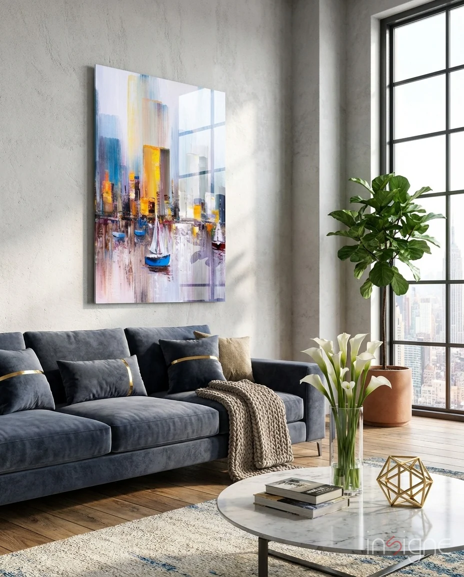 Colorful Harbor Sailboat City Glass Wall Art
