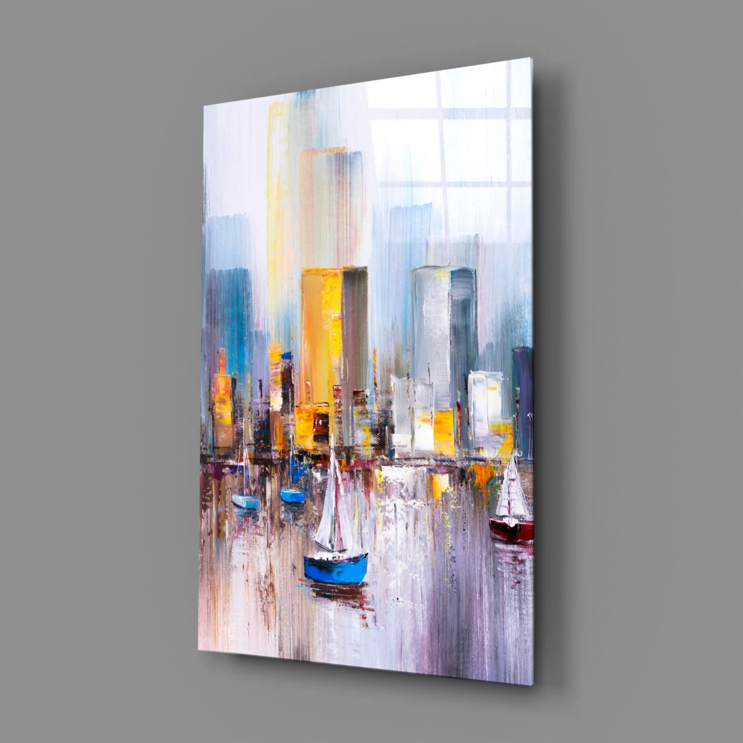 Colorful Harbor Sailboat City Glass Wall Art - Image 3